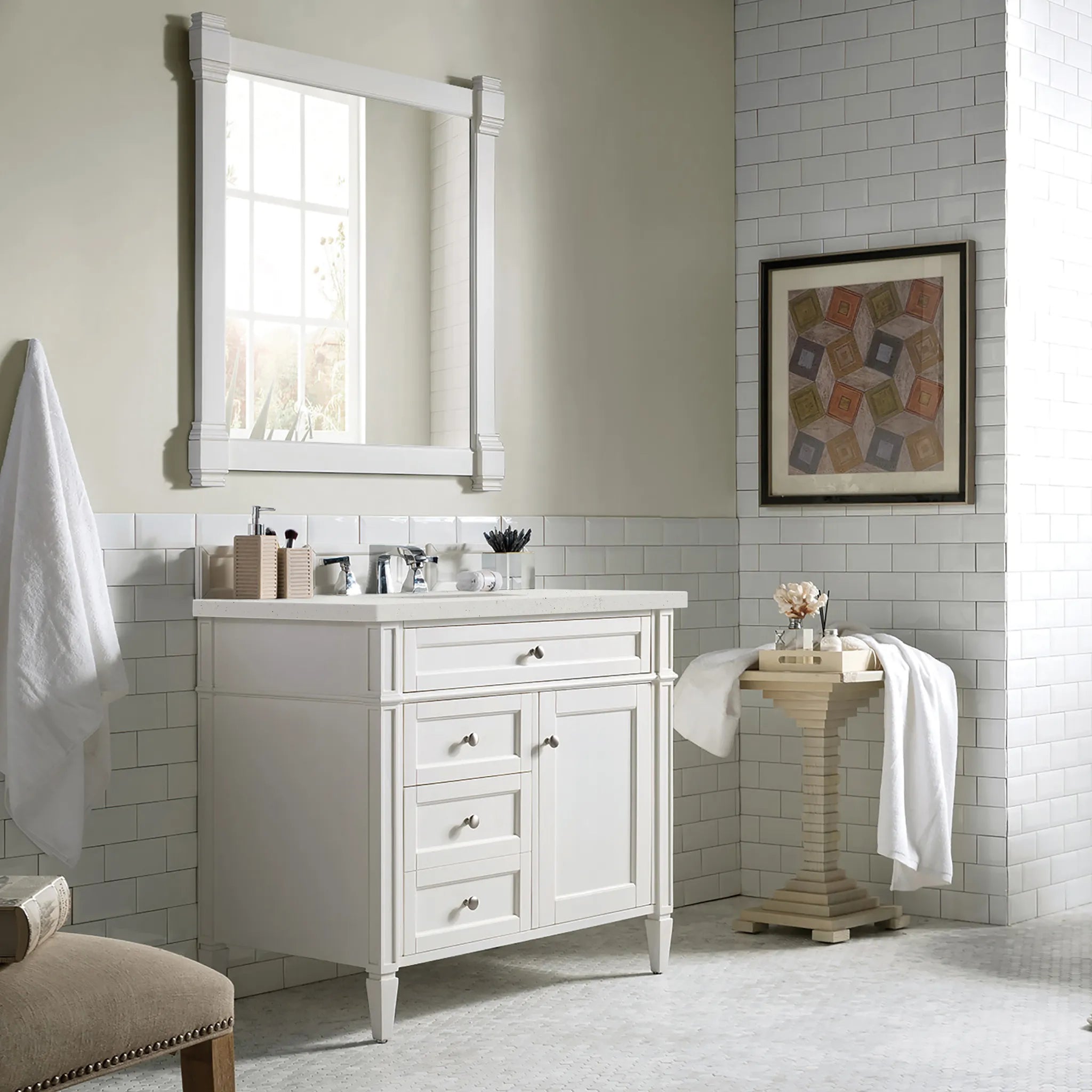 36" Brittany Single Vanity in Bright White-Lime Delight Silestone-8" Widespread image 2