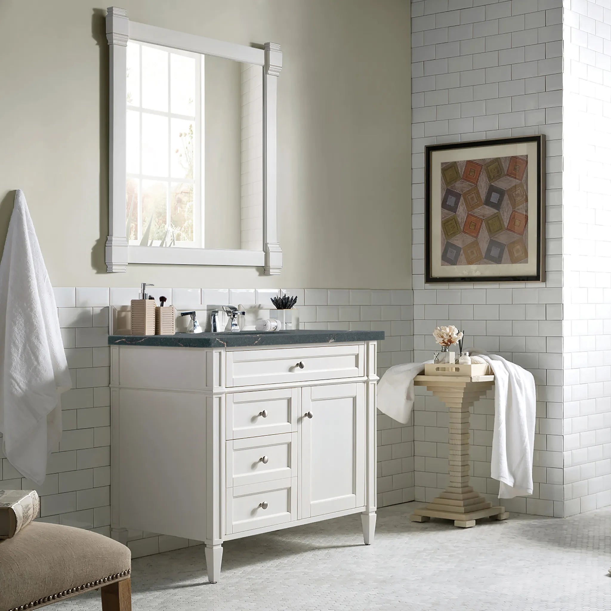 36" Brittany Single Vanity in Bright White-Parisien Bleu Silestone-8" Widespread image 2