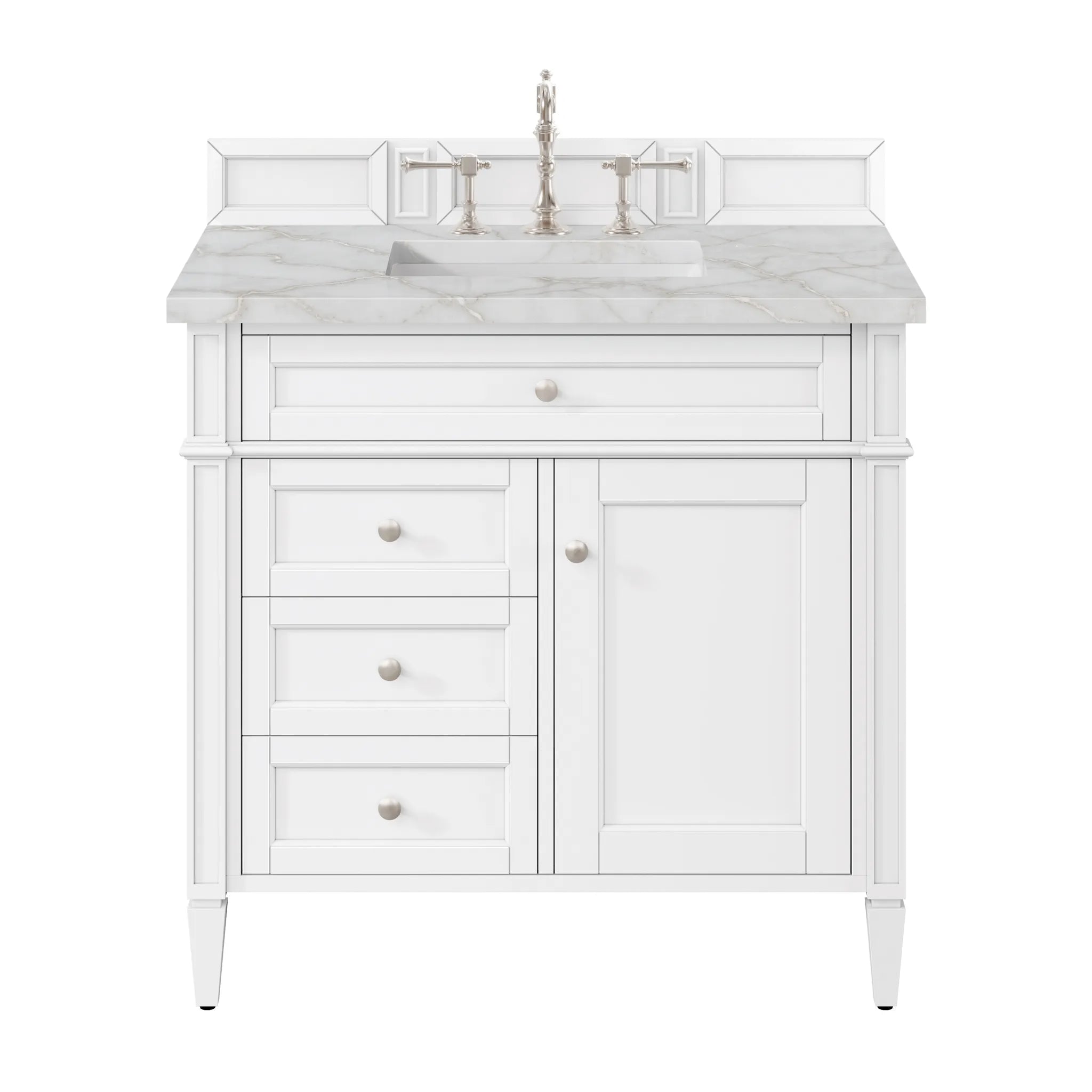 36" Brittany Single Vanity in Bright White-Victorian Silver Silestone-8" Widespread image