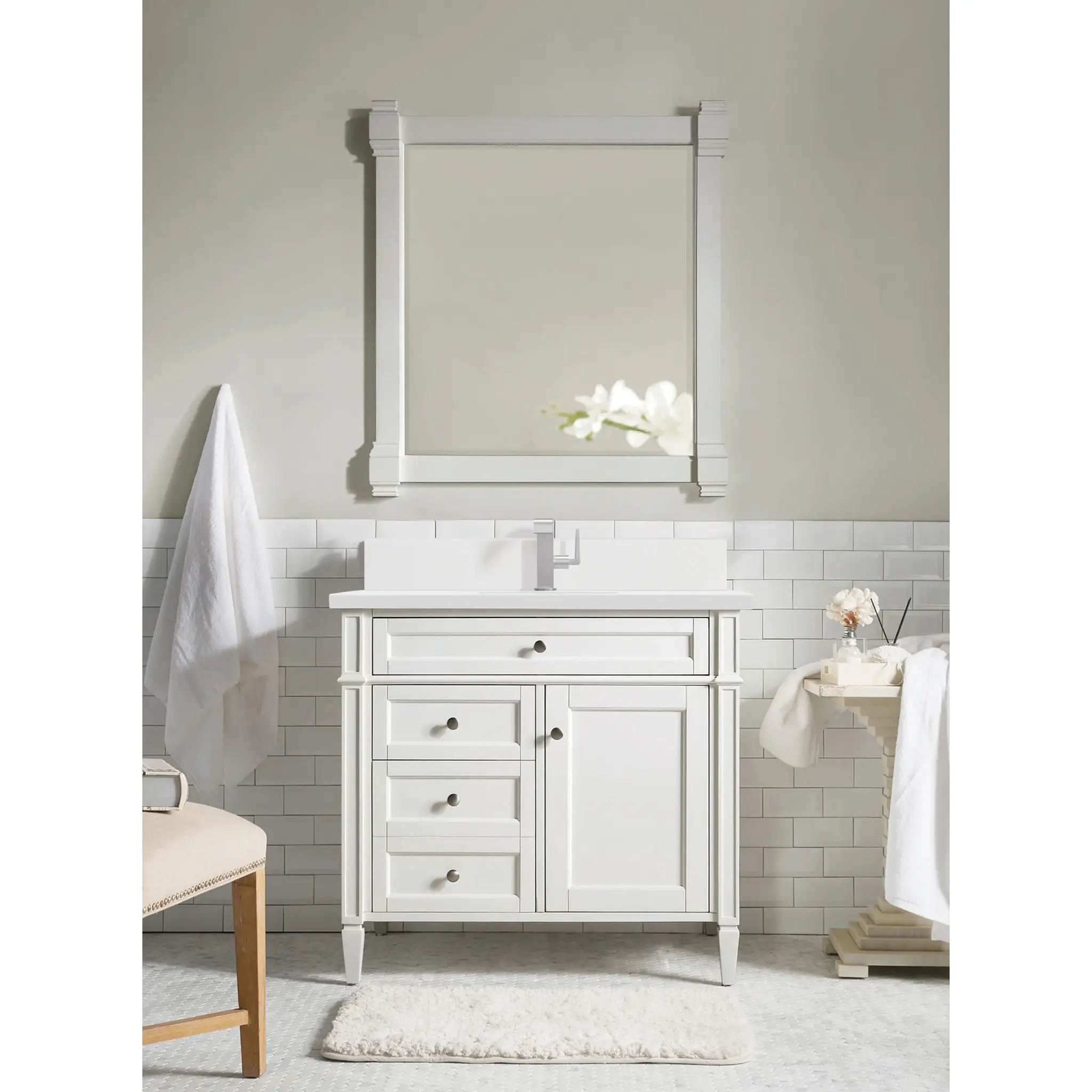 36" Brittany Single Vanity in Bright White-White Zeus Silestone & Backsplash-Single Hole image 1