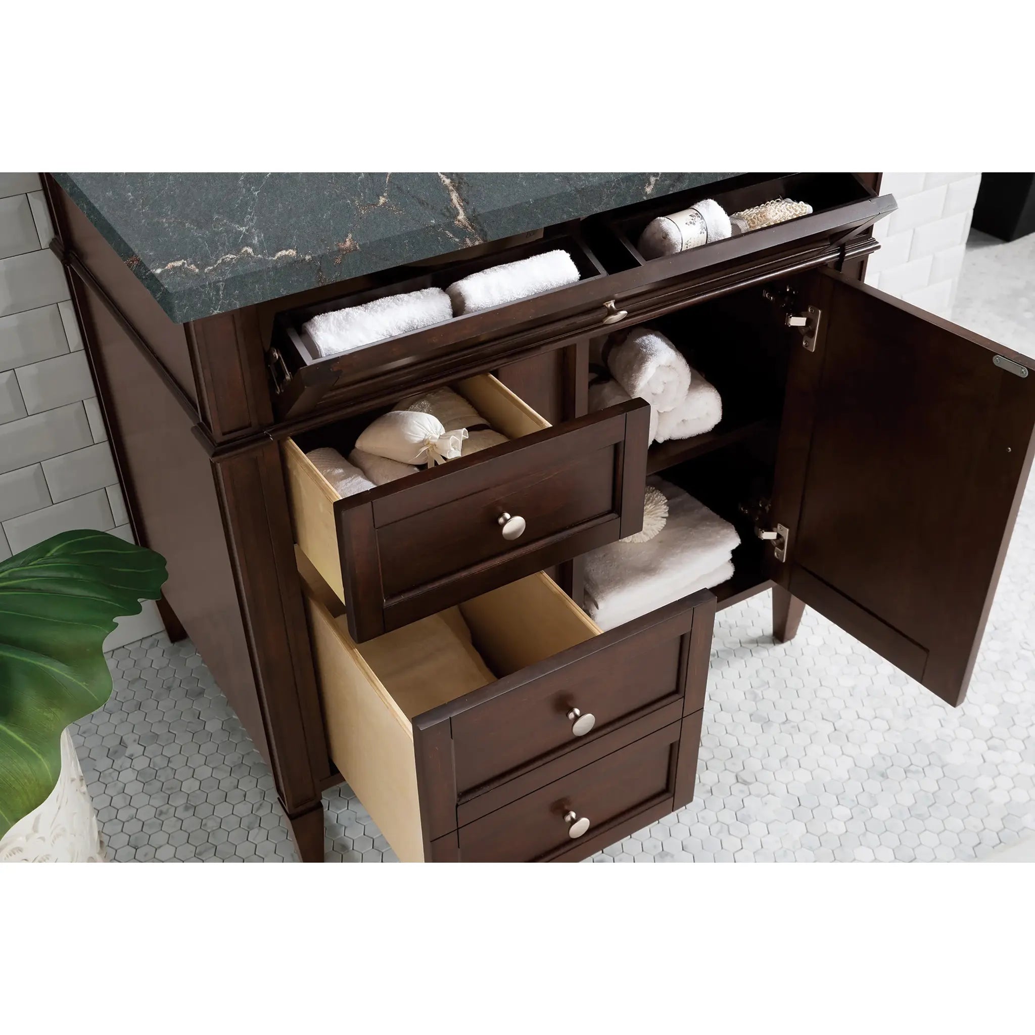 36" Brittany Single Vanity in Burnished Mahogany-Parisien Bleu Silestone-8" Widespread image 3