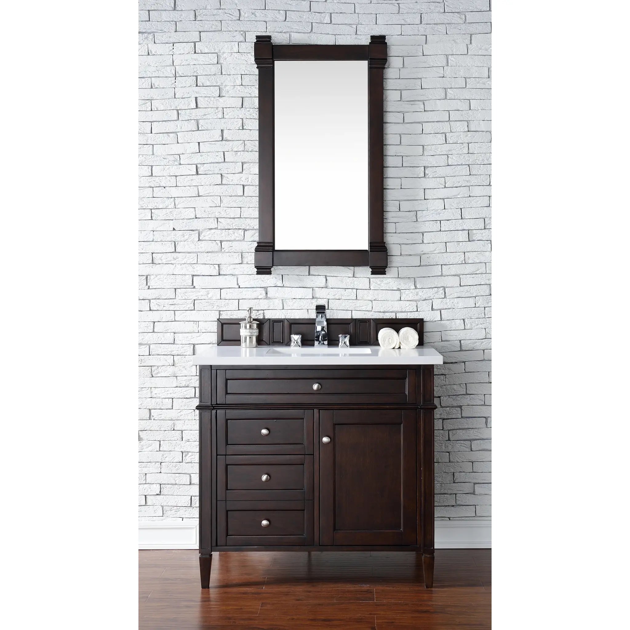 36" Brittany Single Vanity in Burnished Mahogany-White Zeus Silestone-8" Widespread image 1