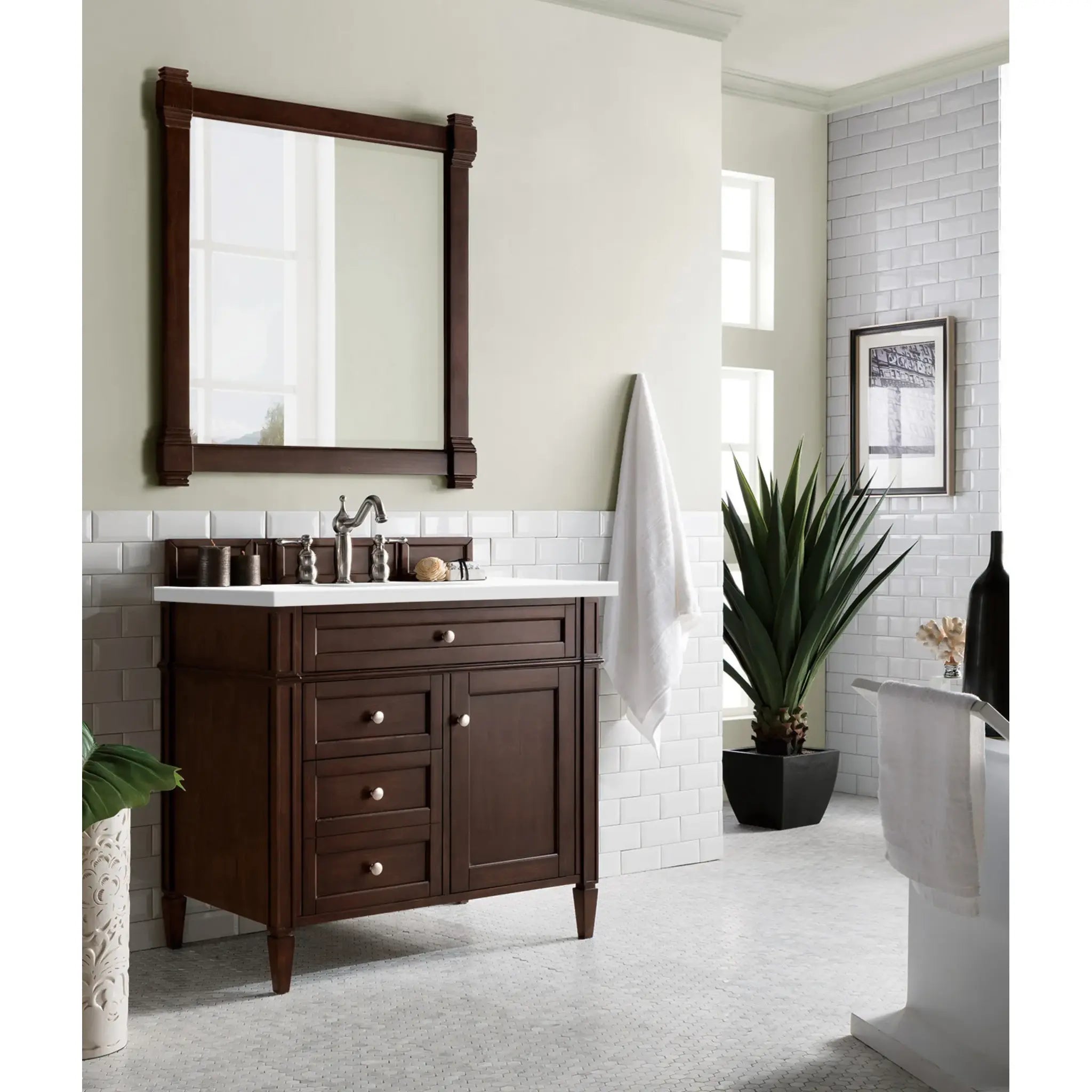 36" Brittany Single Vanity in Burnished Mahogany-White Zeus Silestone-8" Widespread image 2