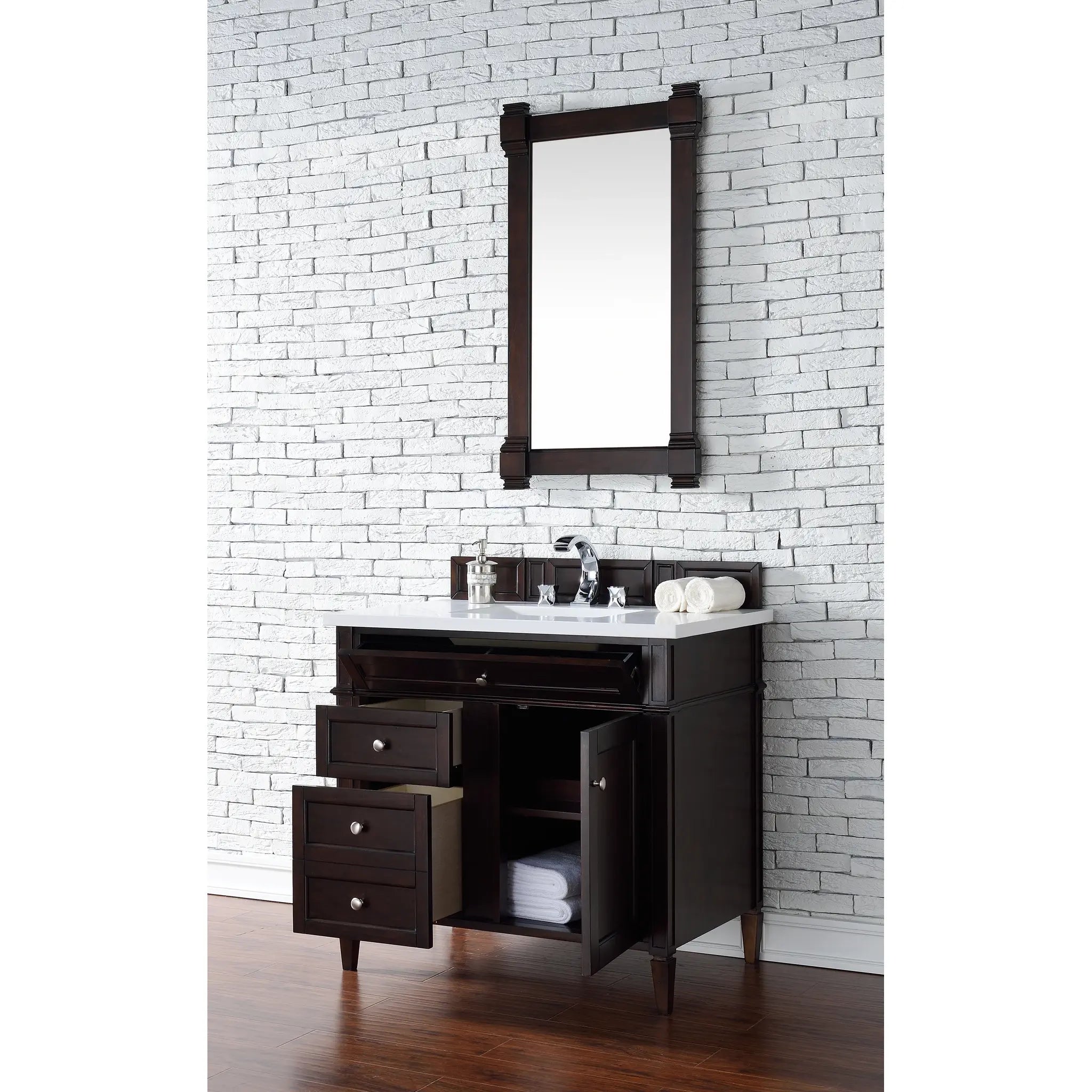 36" Brittany Single Vanity in Burnished Mahogany-White Zeus Silestone-8" Widespread image 3