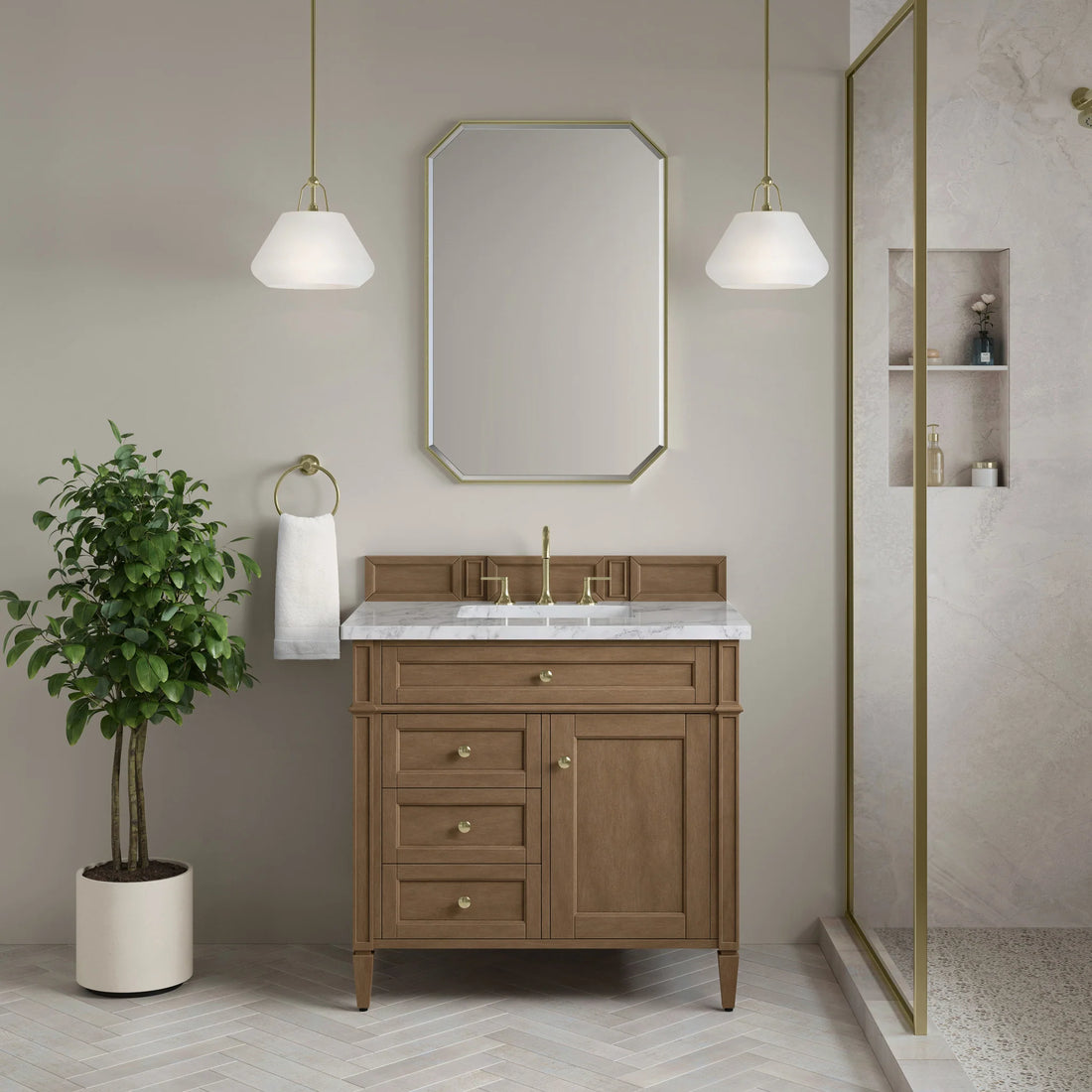 36" Brittany Single Vanity in Pecan by James Martin Vanities-Carrara White Marble 1