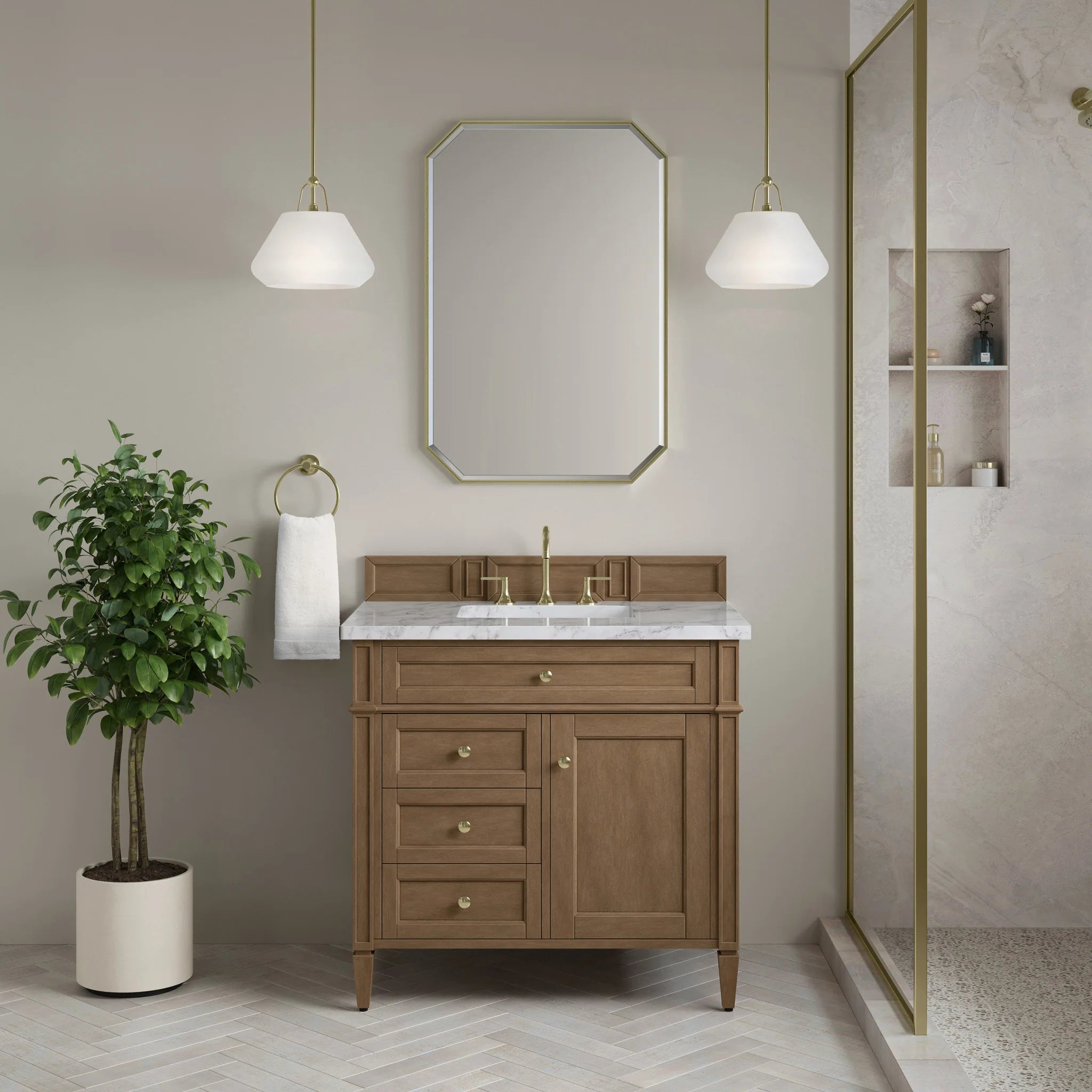 36" Brittany Single Vanity in Pecan by James Martin Vanities-Carrara White Marble 1