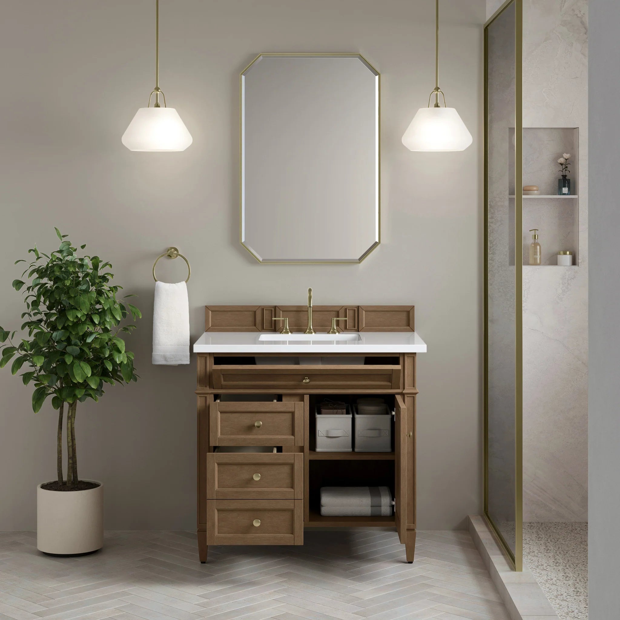 36" Brittany Single Vanity in Pecan by James Martin Vanities-White Zeus Silestone 4