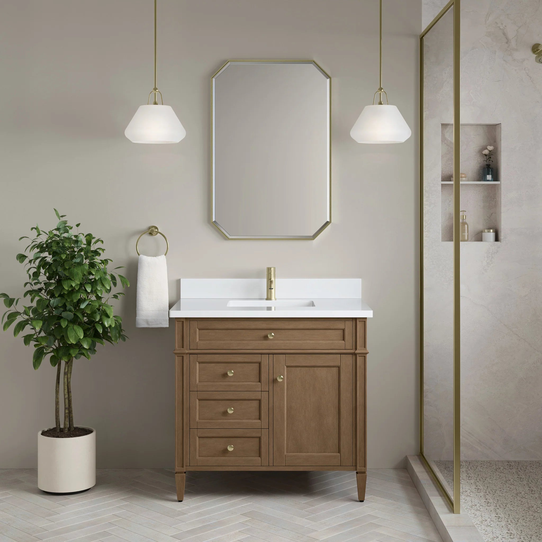 36" Brittany Single Vanity in Pecan by James Martin Vanities-White Zeus Silestone & Backsplash 1