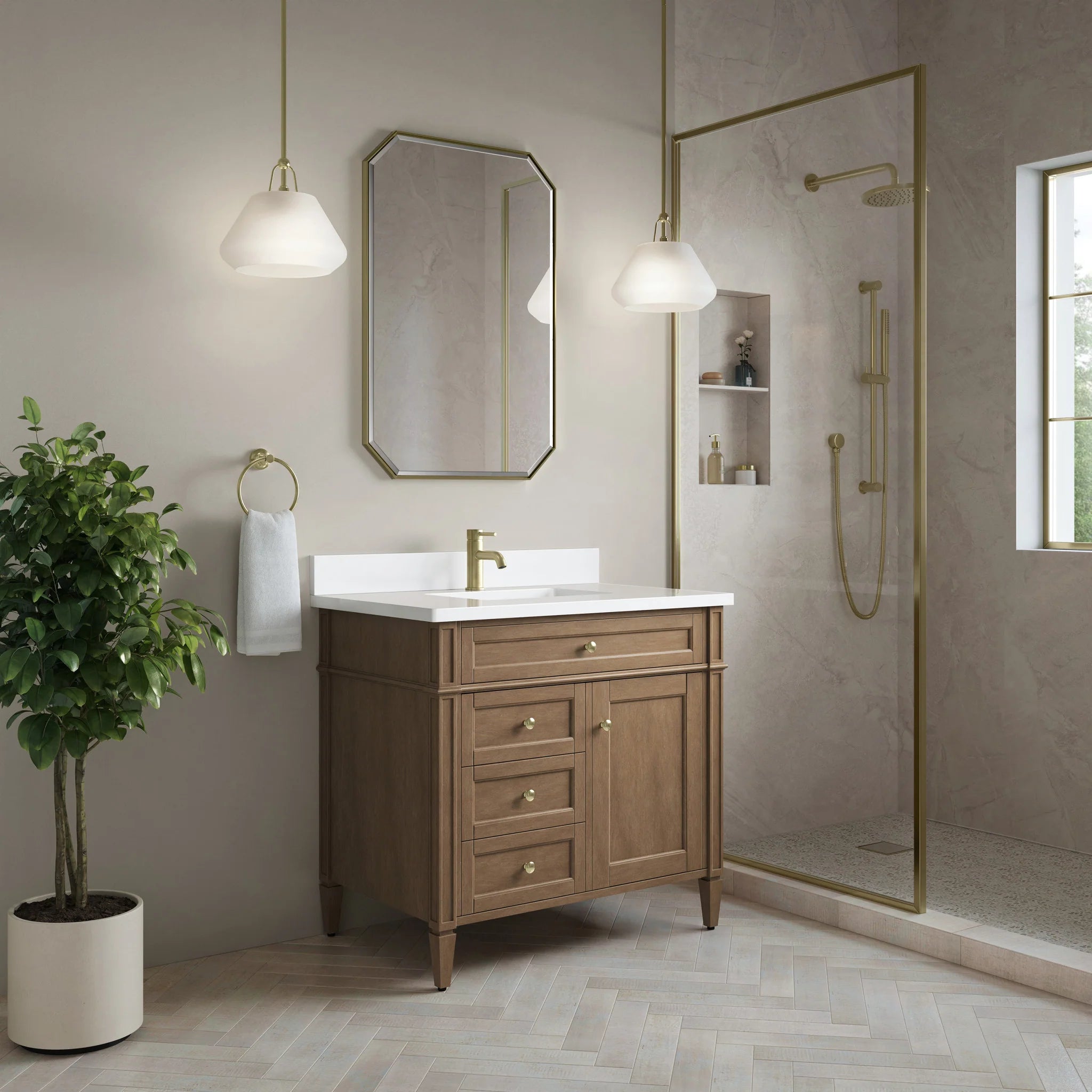 36" Brittany Single Vanity in Pecan by James Martin Vanities-White Zeus Silestone & Backsplash 2