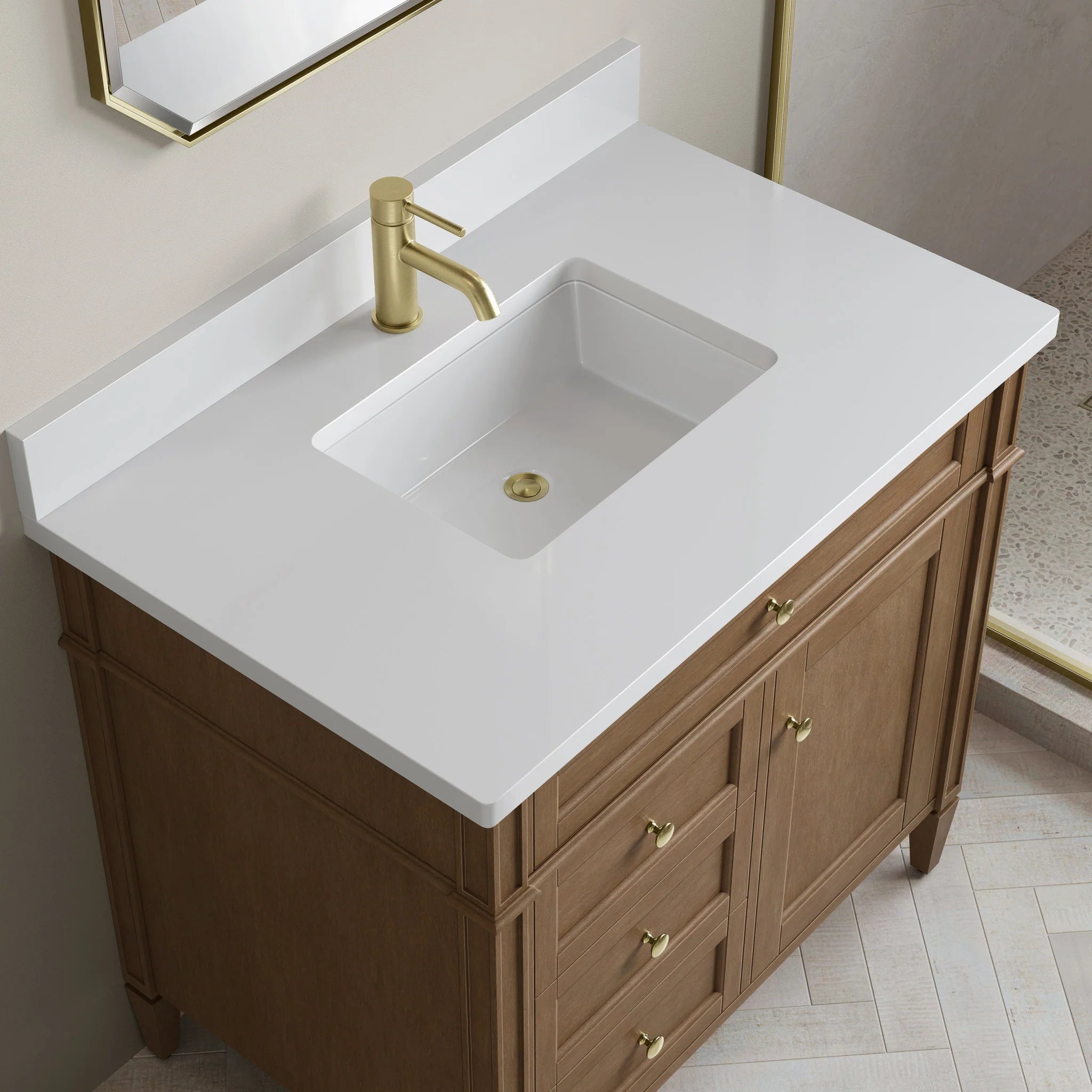 36" Brittany Single Vanity in Pecan by James Martin Vanities-White Zeus Silestone & Backsplash 4