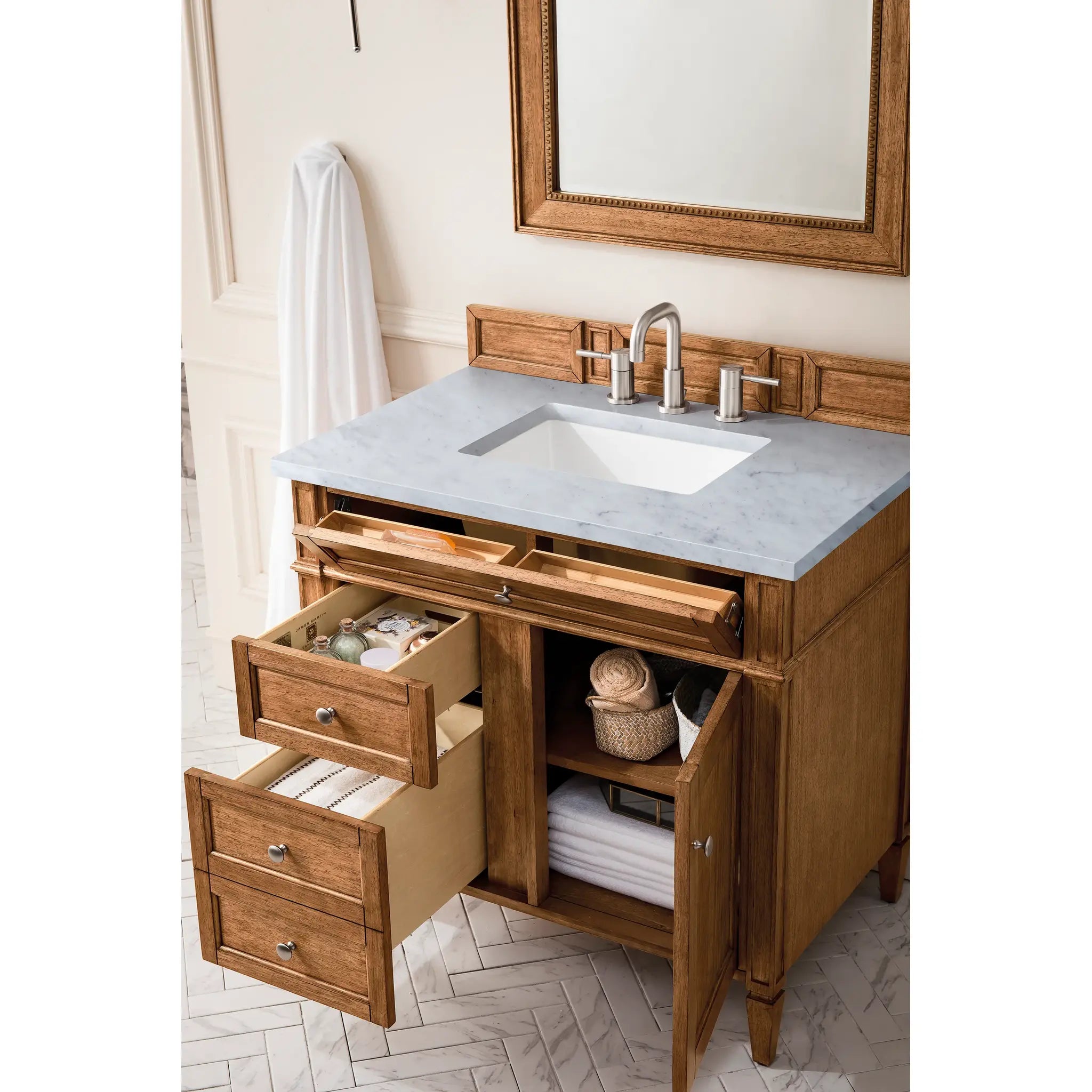 36" Brittany Single Vanity in Saddle Brown-Carrara White Marble-8" Widespread image 3