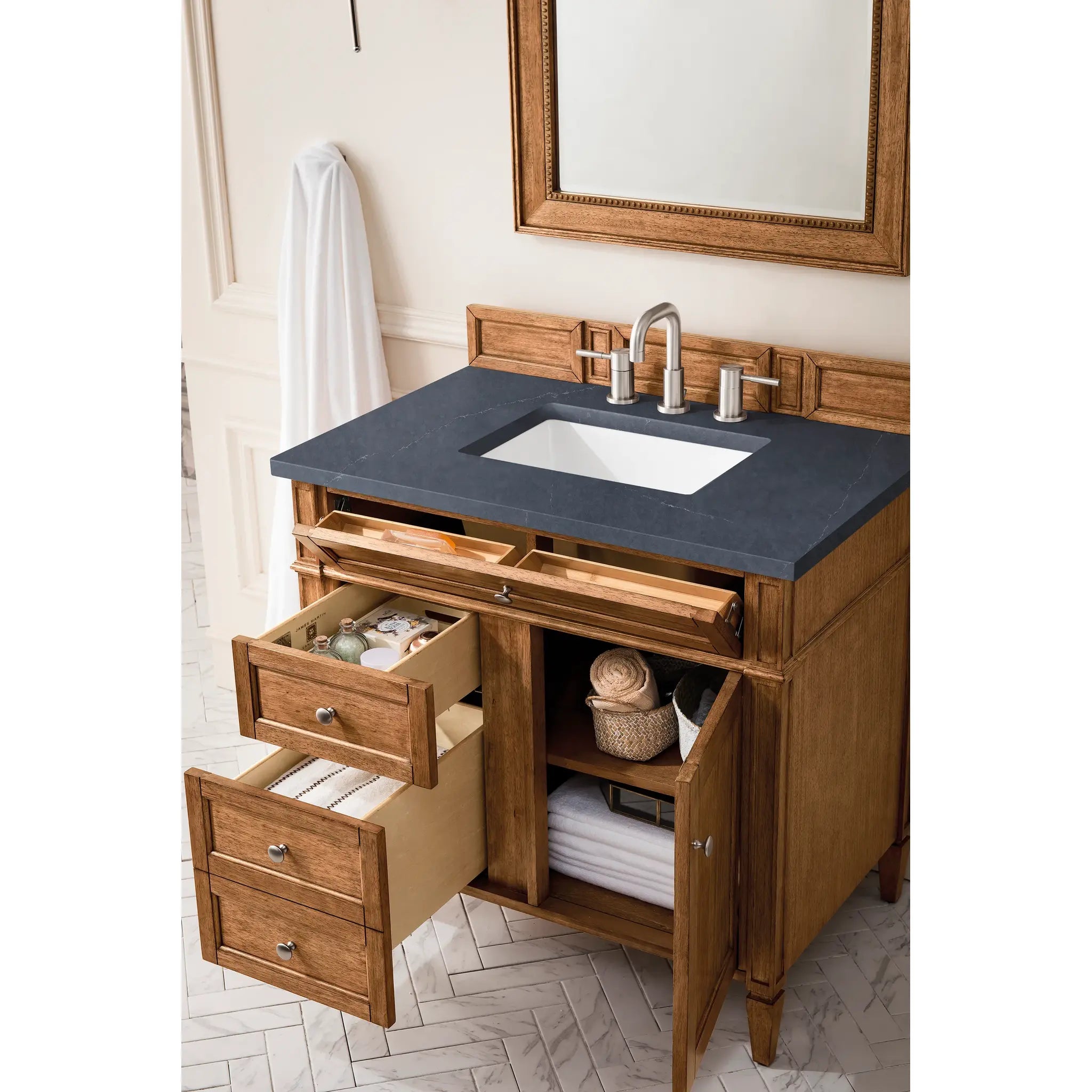 36" Brittany Single Vanity in Saddle Brown-Charcoal Soapstone Silestone-8" Widespread image 3