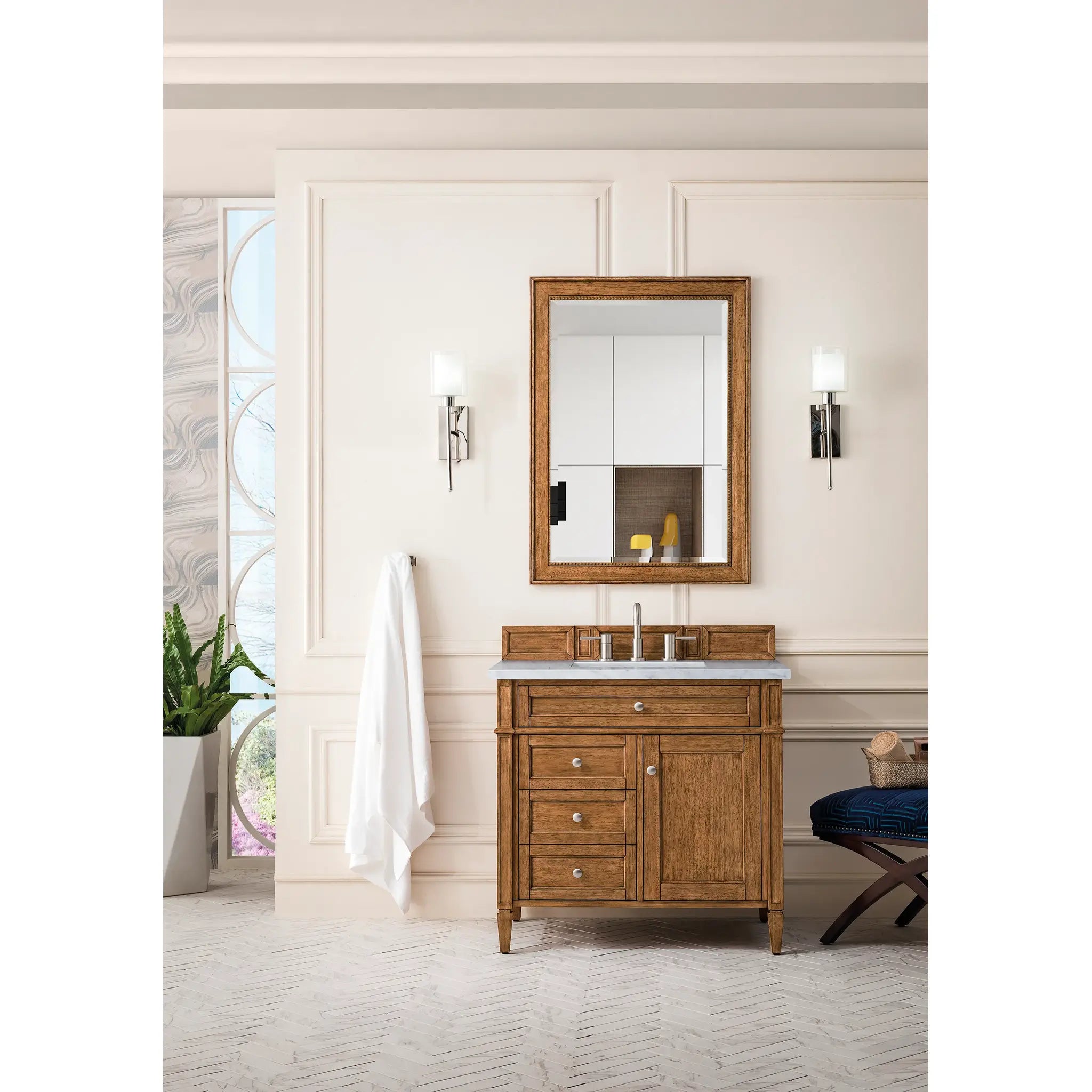 36" Brittany Single Vanity in Saddle Brown-Eternal Jasmine Pearl Silestone-8" Widespread image 1