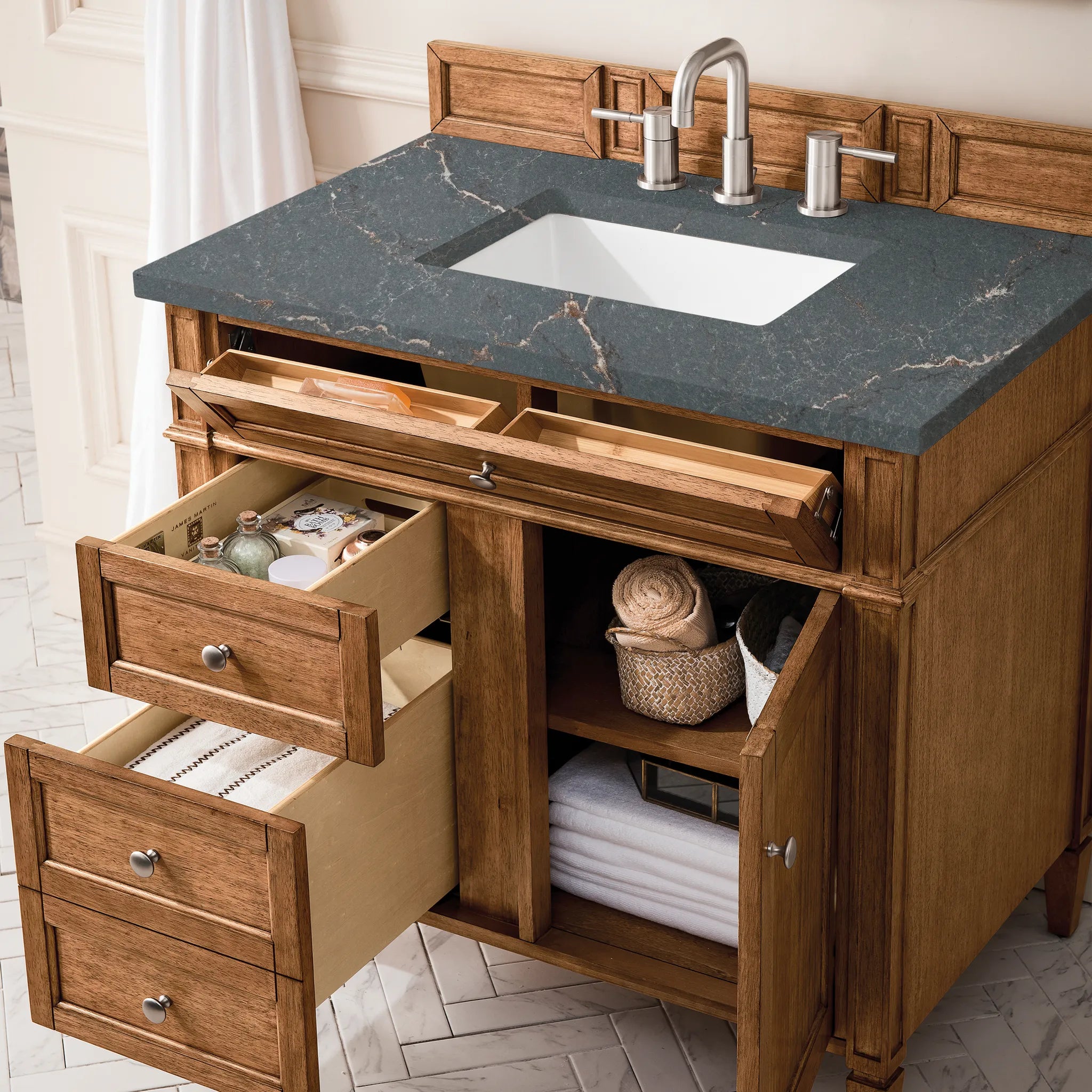 36" Brittany Single Vanity in Saddle Brown-Parisien Bleu Silestone-8" Widespread image 3