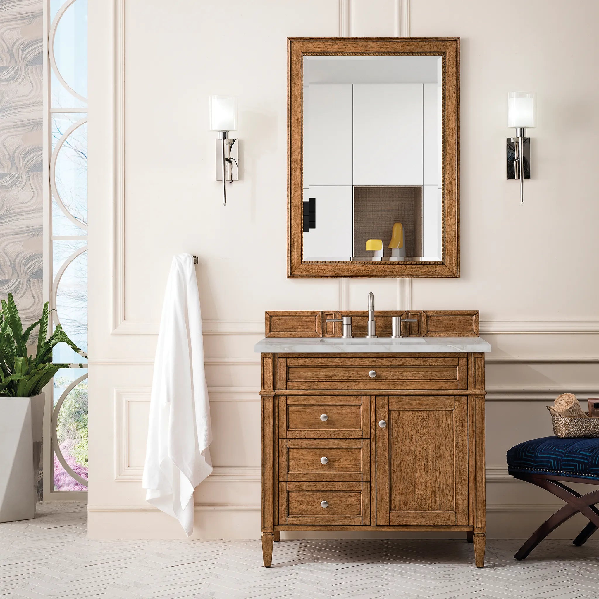 36" Brittany Single Vanity in Saddle Brown-Victorian Silver Silestone-8" Widespread image 1