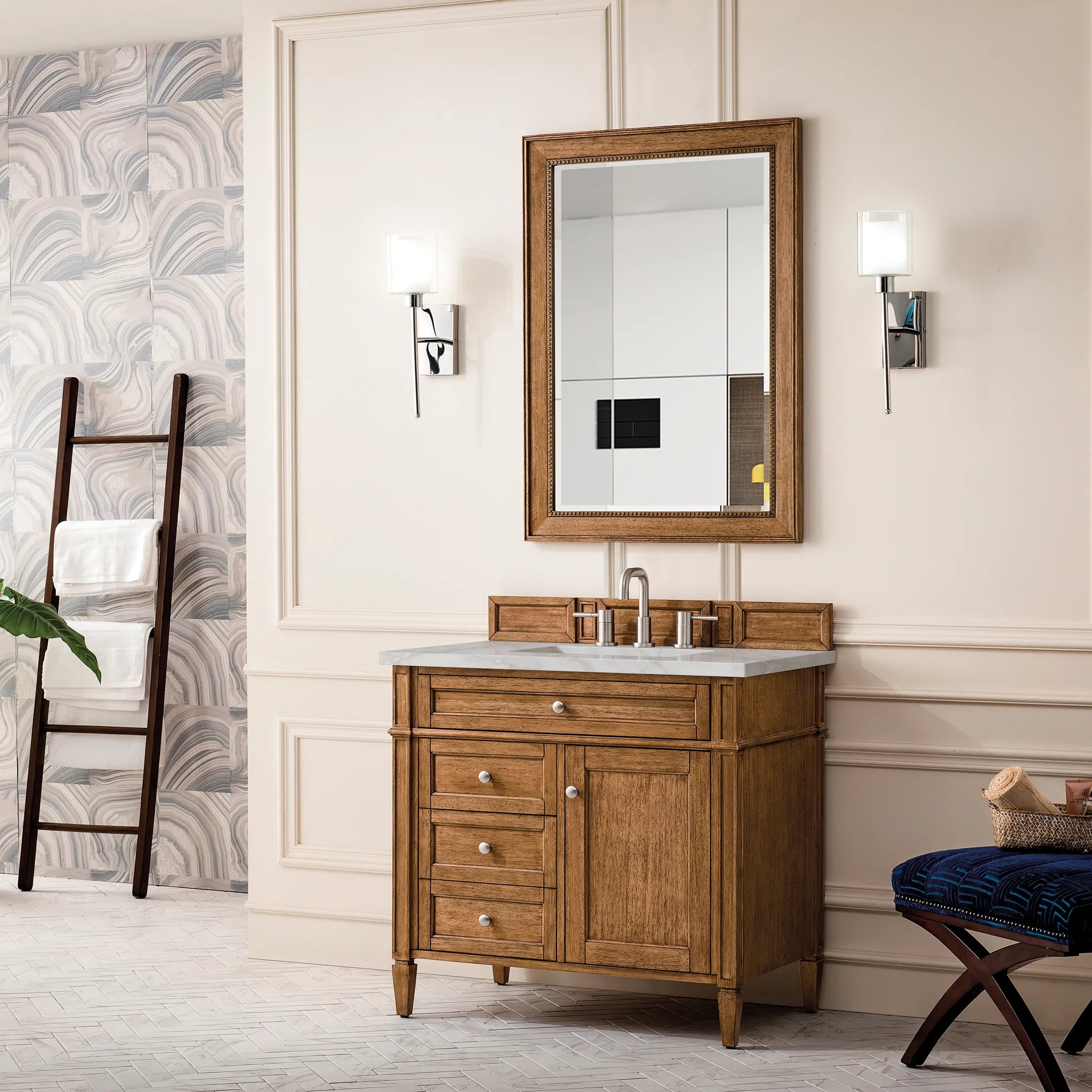 36" Brittany Single Vanity in Saddle Brown-Victorian Silver Silestone-8" Widespread image 2