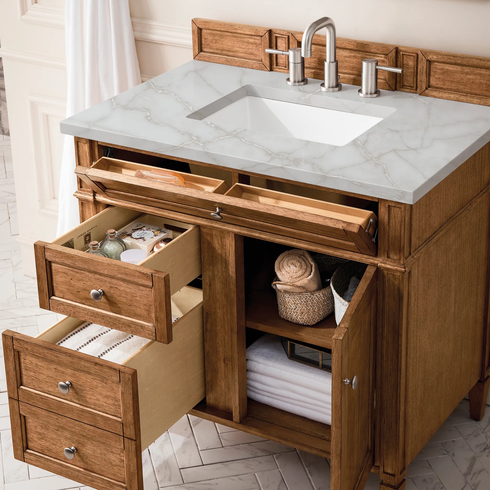 36" Brittany Single Vanity in Saddle Brown-Victorian Silver Silestone-8" Widespread image 3
