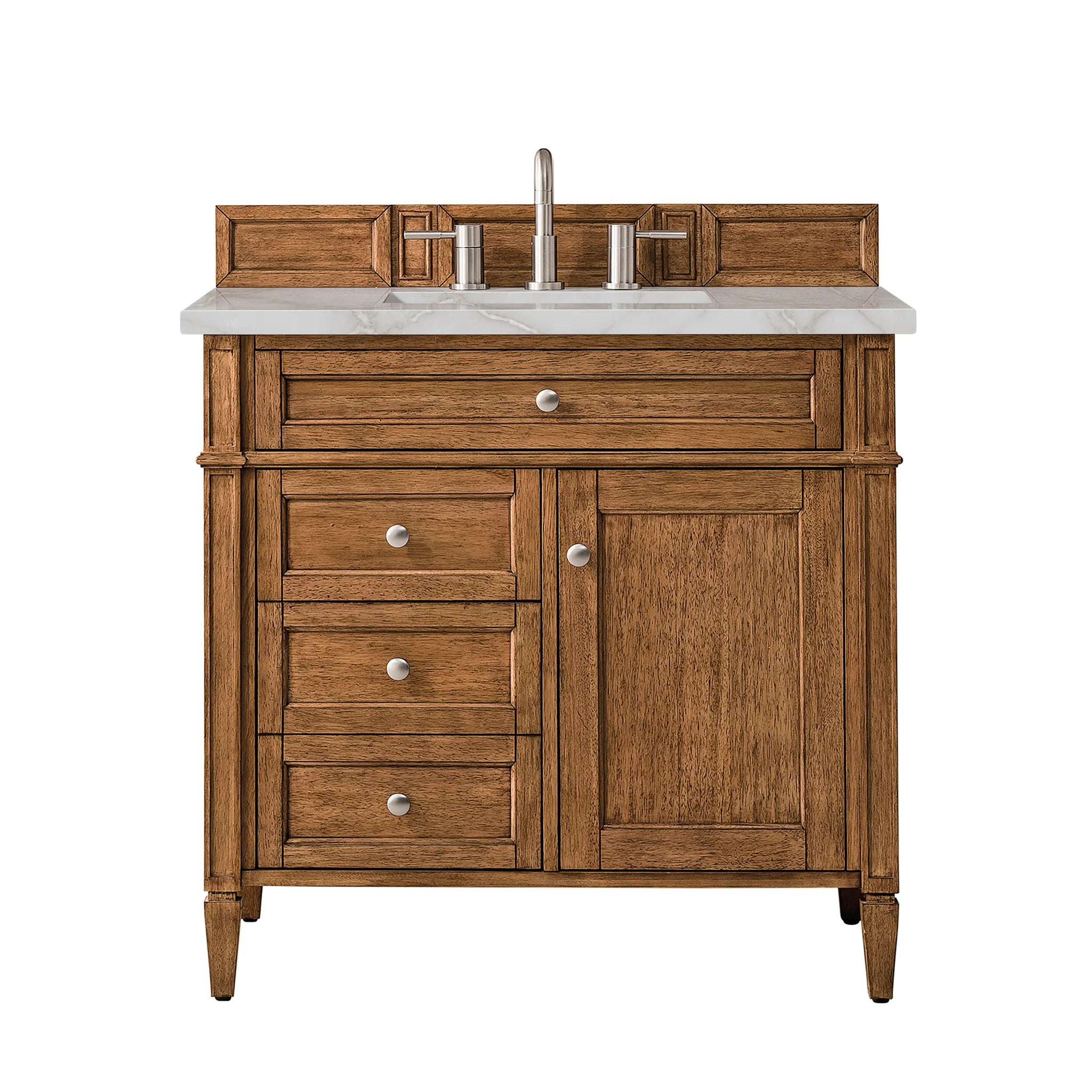 36" Brittany Single Vanity in Saddle Brown-Victorian Silver Silestone-8" Widespread image