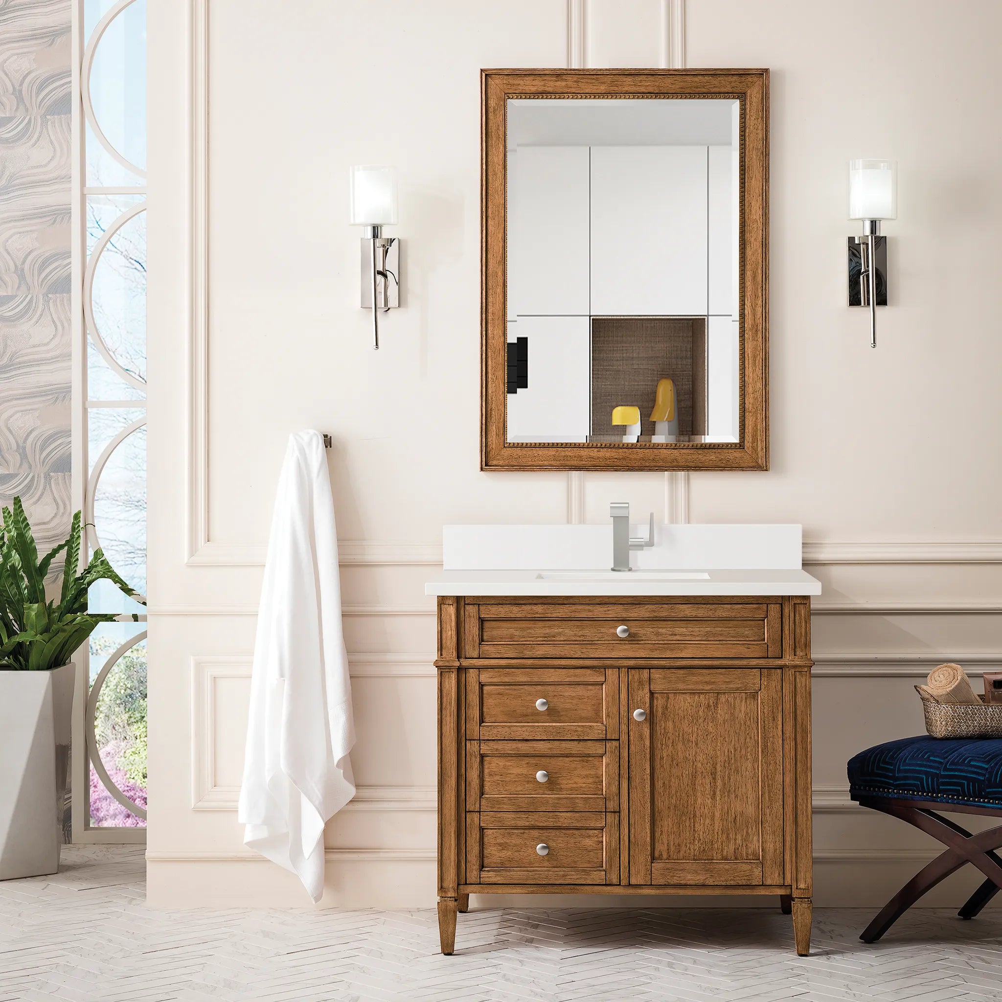36" Brittany Single Vanity in Saddle Brown-White Zeus Silestone & Backsplash-Single Hole image 1