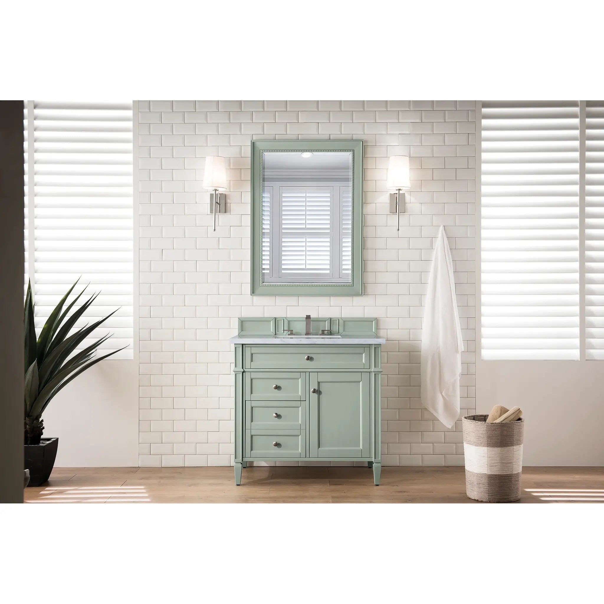 36" Brittany Single Vanity in Sage Green-Carrara White Marble-8" Widespread image 1