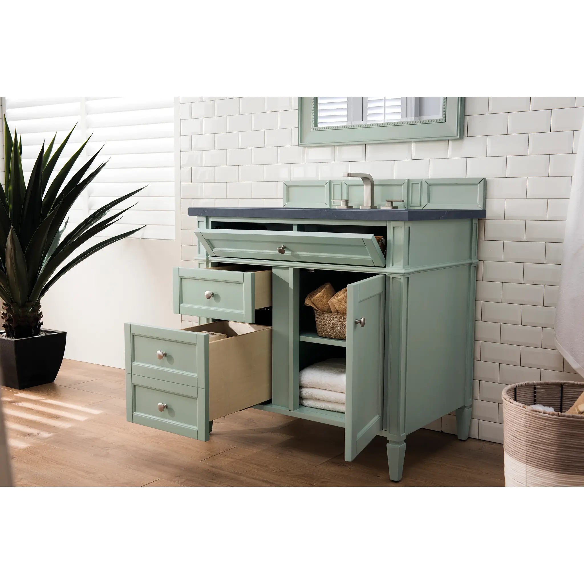 36" Brittany Single Vanity in Sage Green-Charcoal Soapstone Silestone-8" Widespread image 3