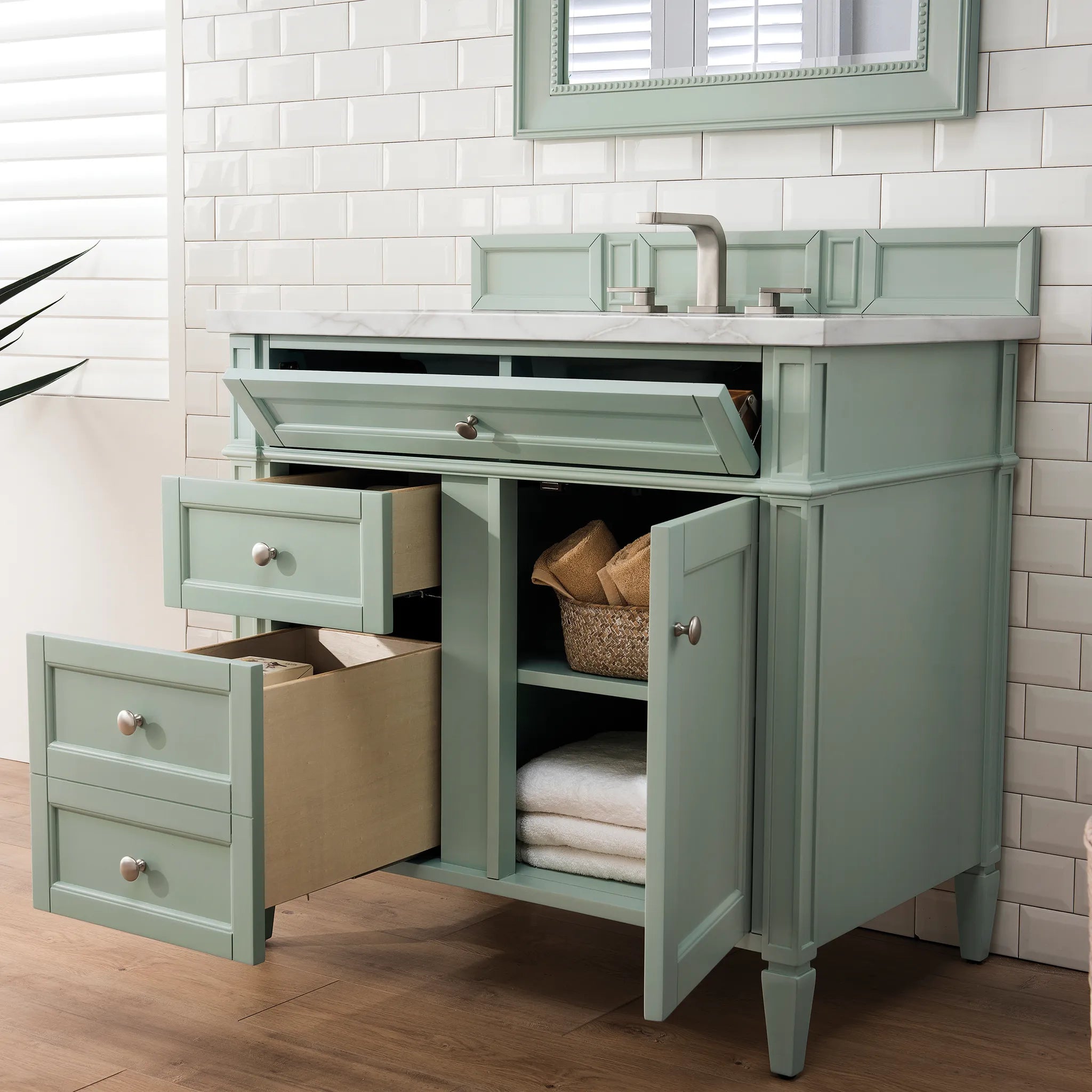 36" Brittany Single Vanity in Sage Green-Victorian Silver Silestone-8" Widespread image 3