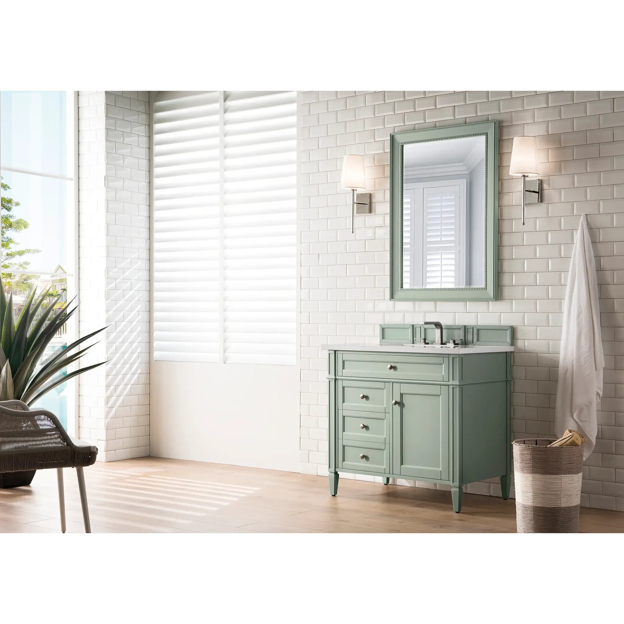 36" Brittany Single Vanity in Sage Green-White Zeus Silestone-8" Widespread image 2