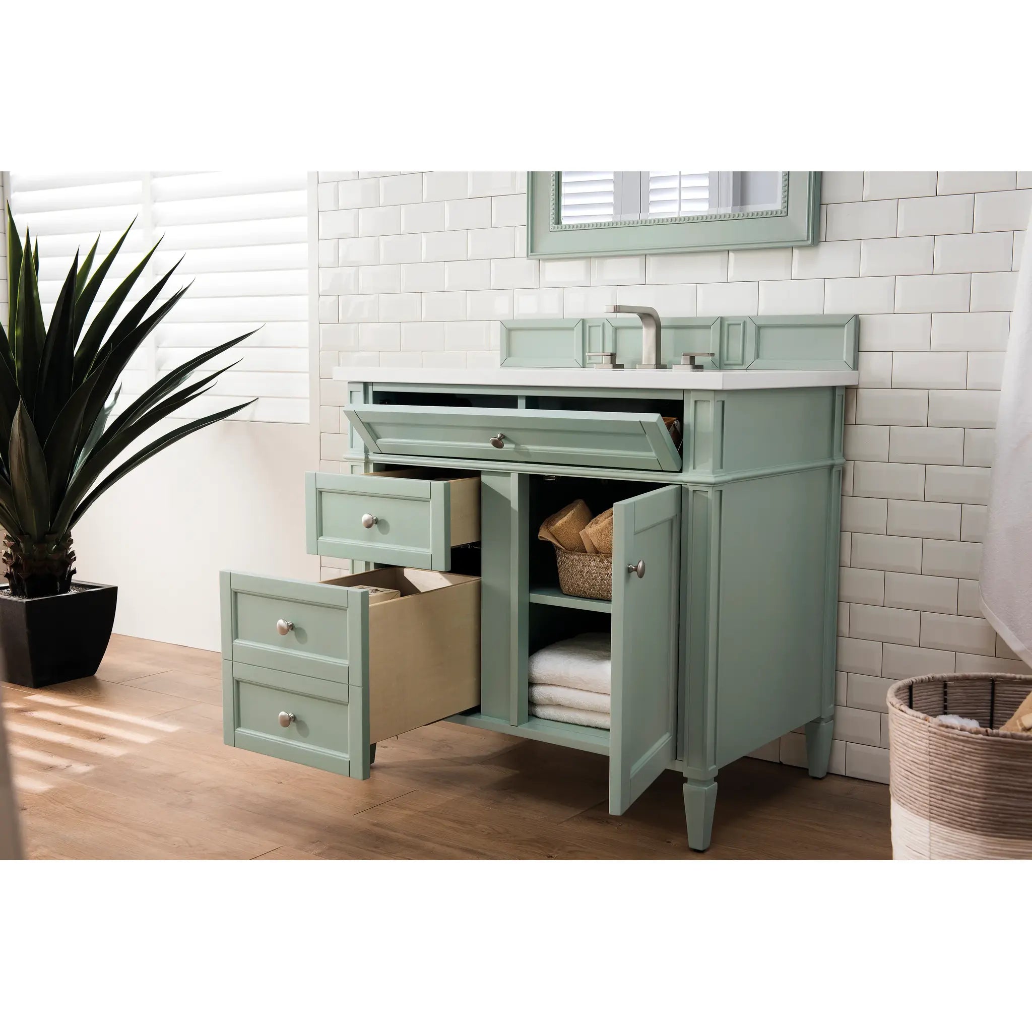 36" Brittany Single Vanity in Sage Green-White Zeus Silestone-8" Widespread image 3