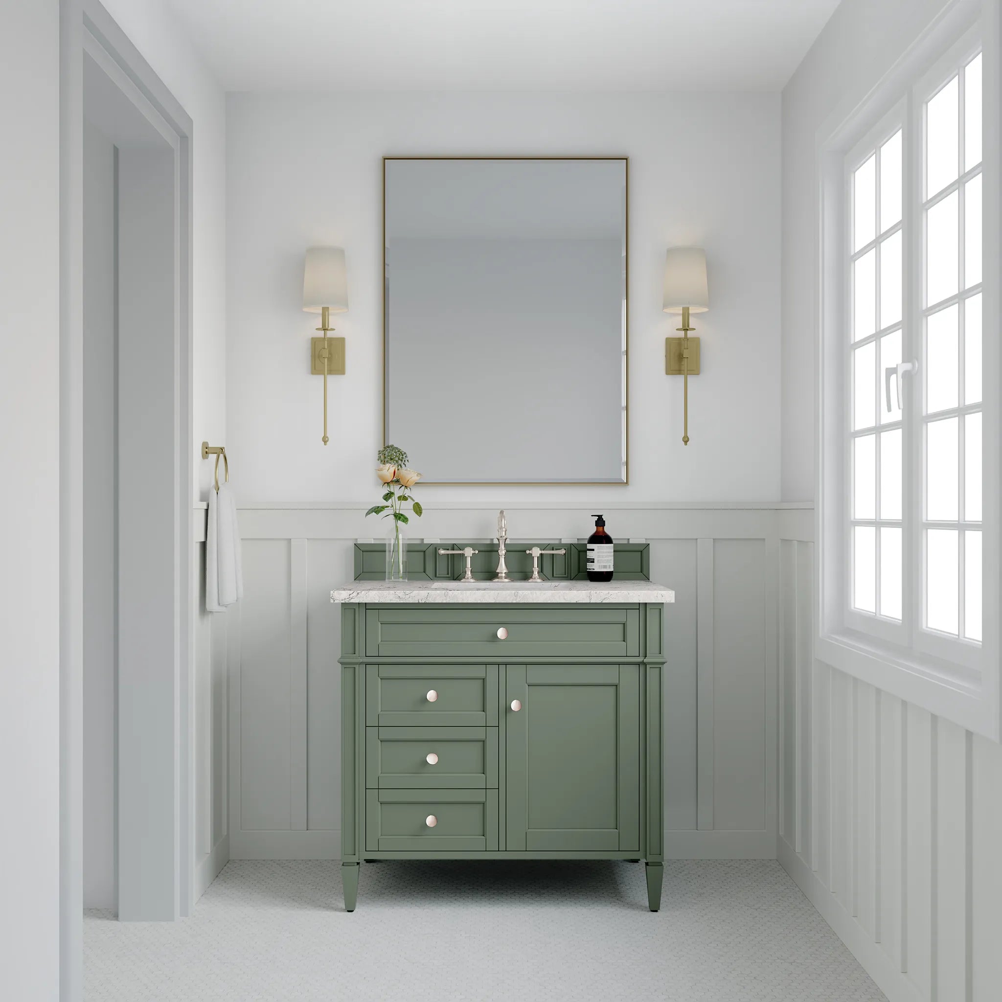 36" Brittany Single Vanity in Smokey Celadon-Eternal Jasmine Pearl Silestone-8" Widespread image 2