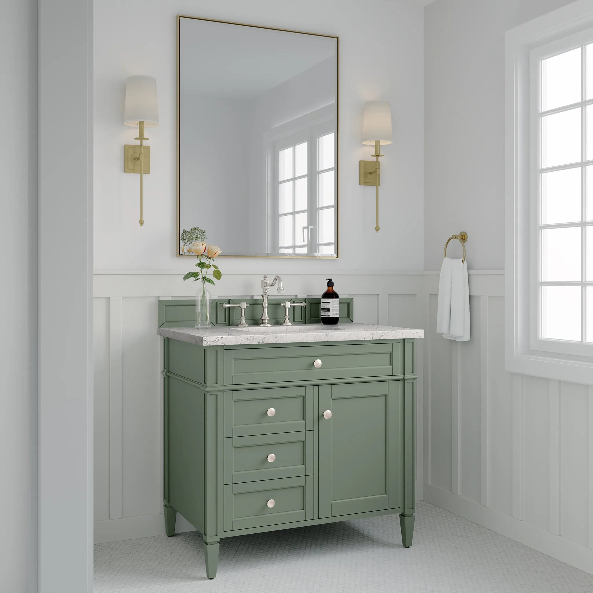 36" Brittany Single Vanity in Smokey Celadon-Eternal Jasmine Pearl Silestone-8" Widespread image 3