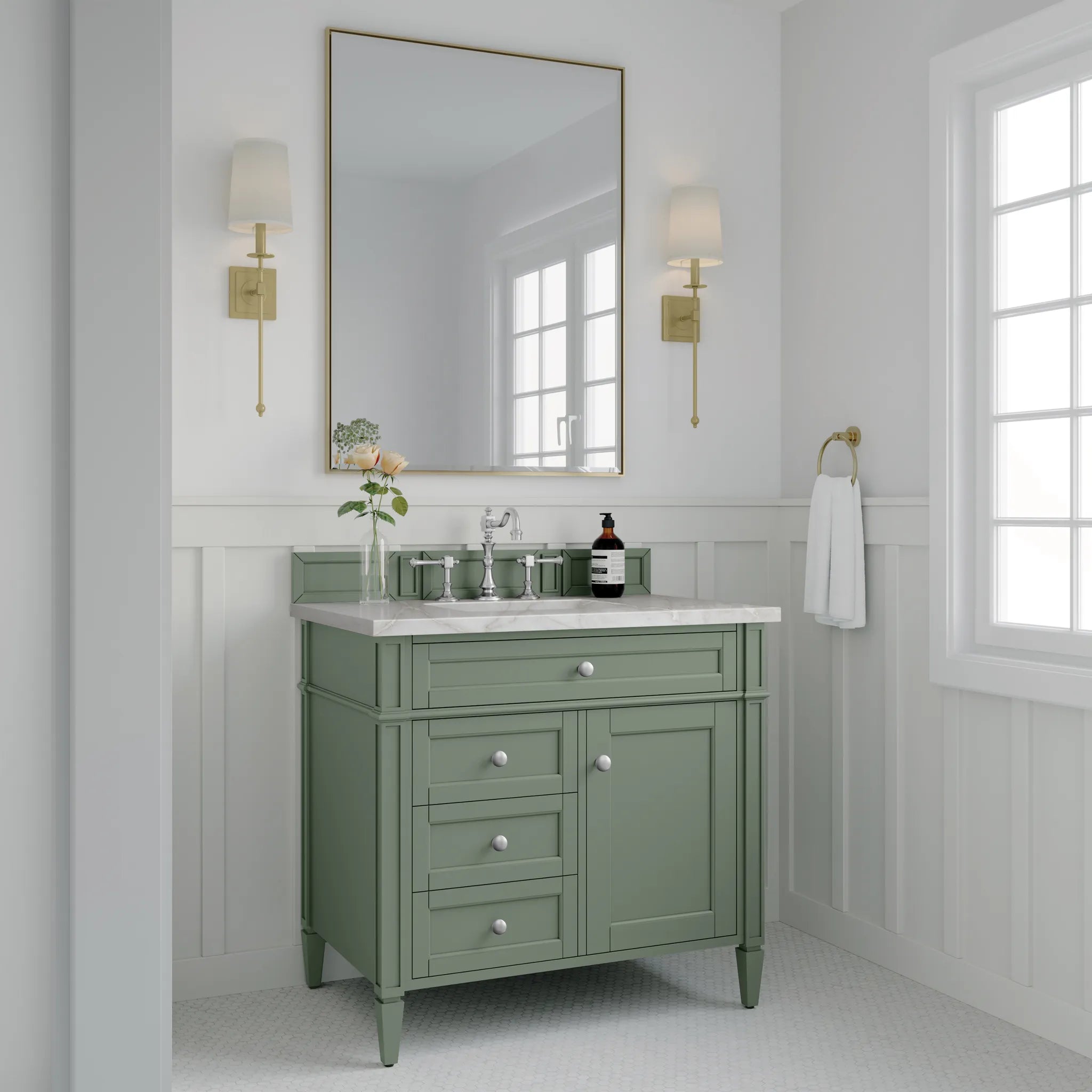 36" Brittany Single Vanity in Smokey Celadon-Victorian Silver Silestone-8" Widespread image 2