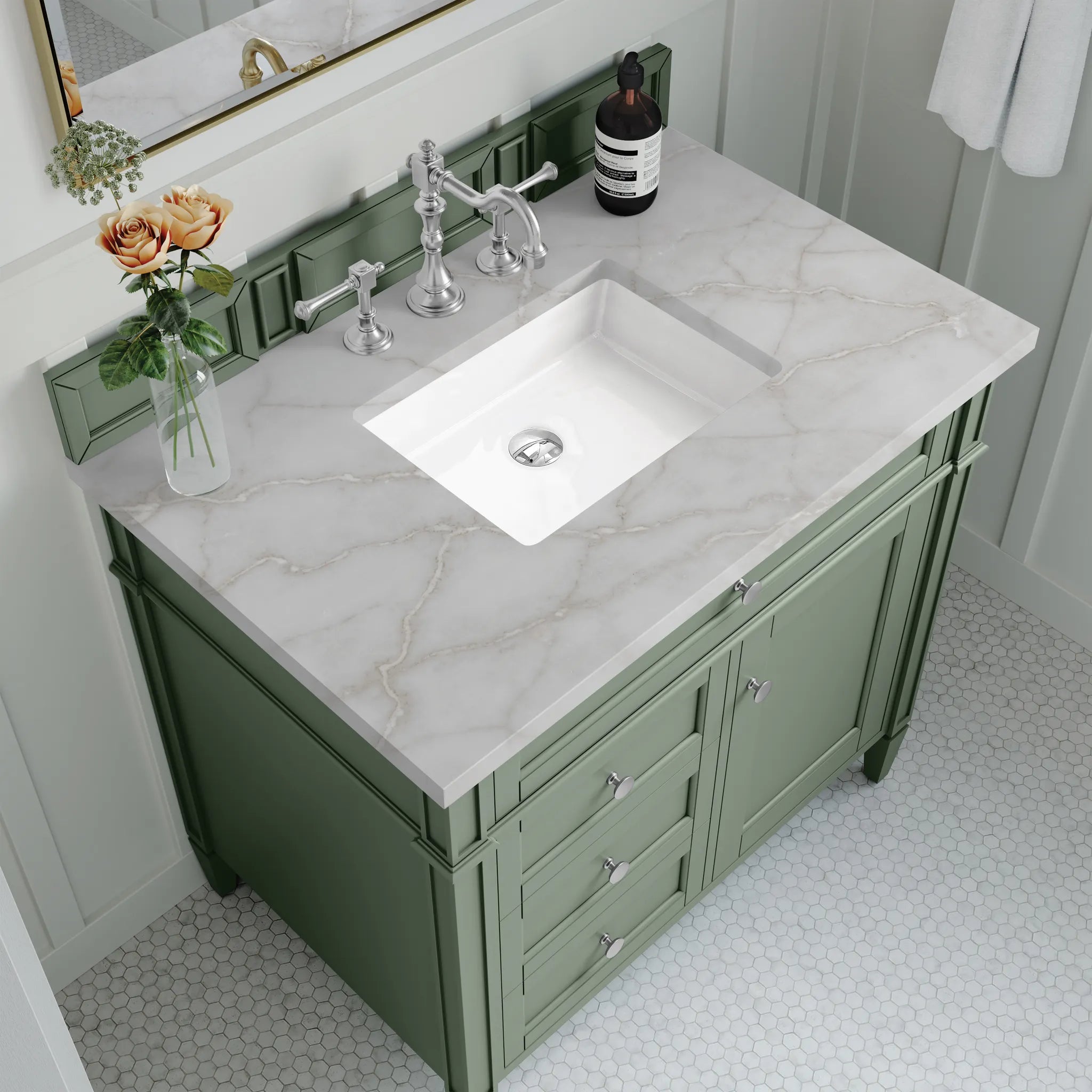 36" Brittany Single Vanity in Smokey Celadon-Victorian Silver Silestone-8" Widespread image 3