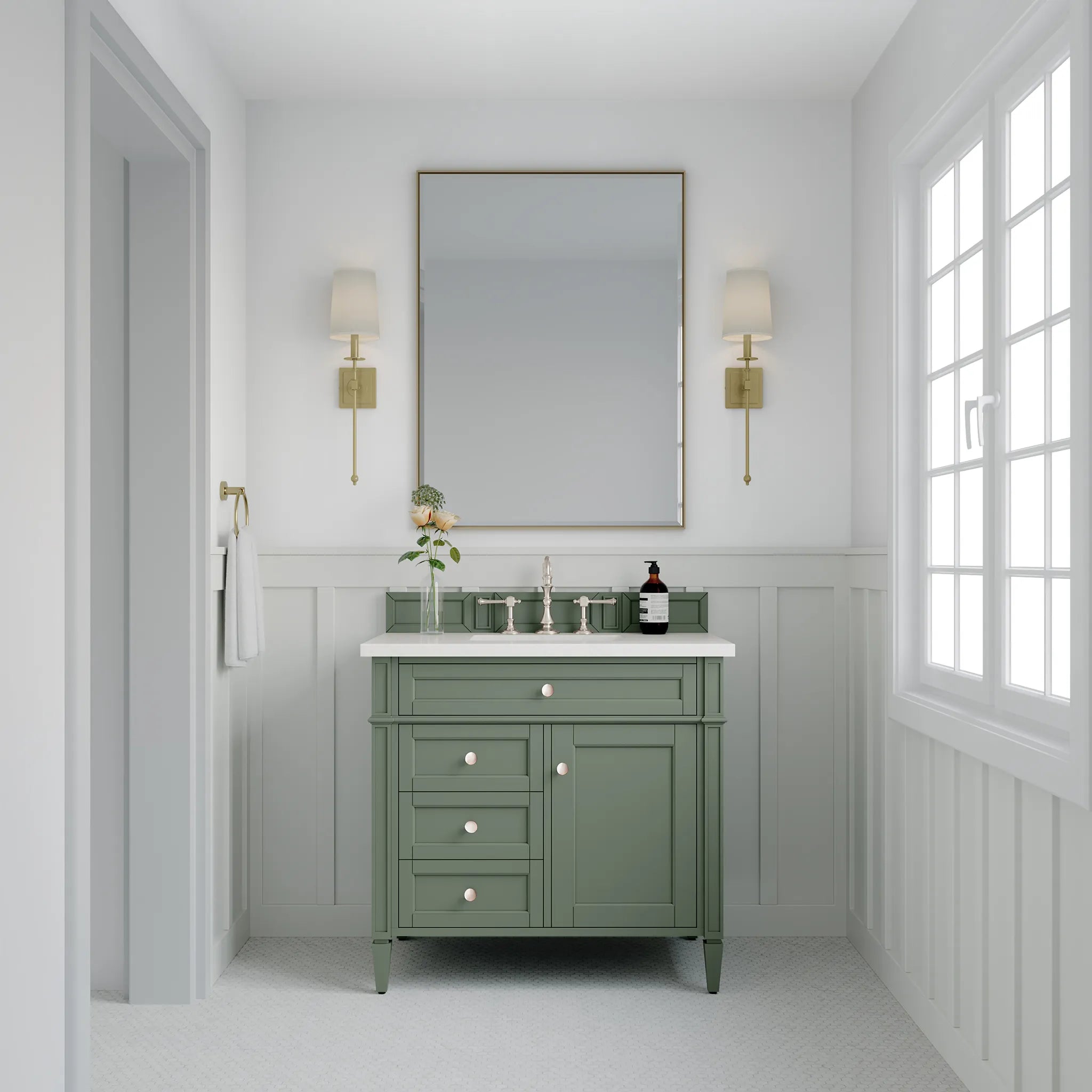 36" Brittany Single Vanity in Smokey Celadon-White Zeus Silestone-8" Widespread image 2