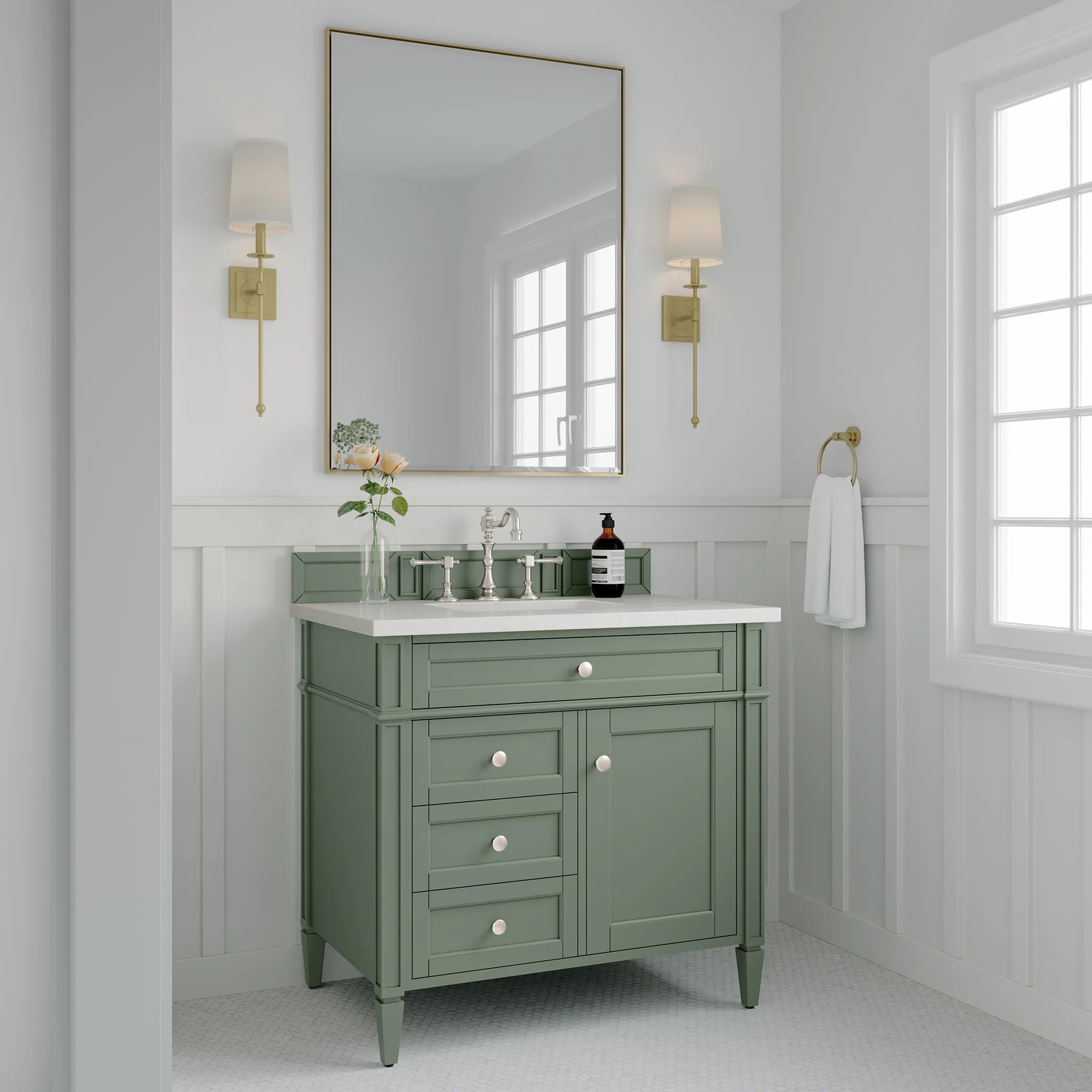 36" Brittany Single Vanity in Smokey Celadon-White Zeus Silestone-8" Widespread image 3