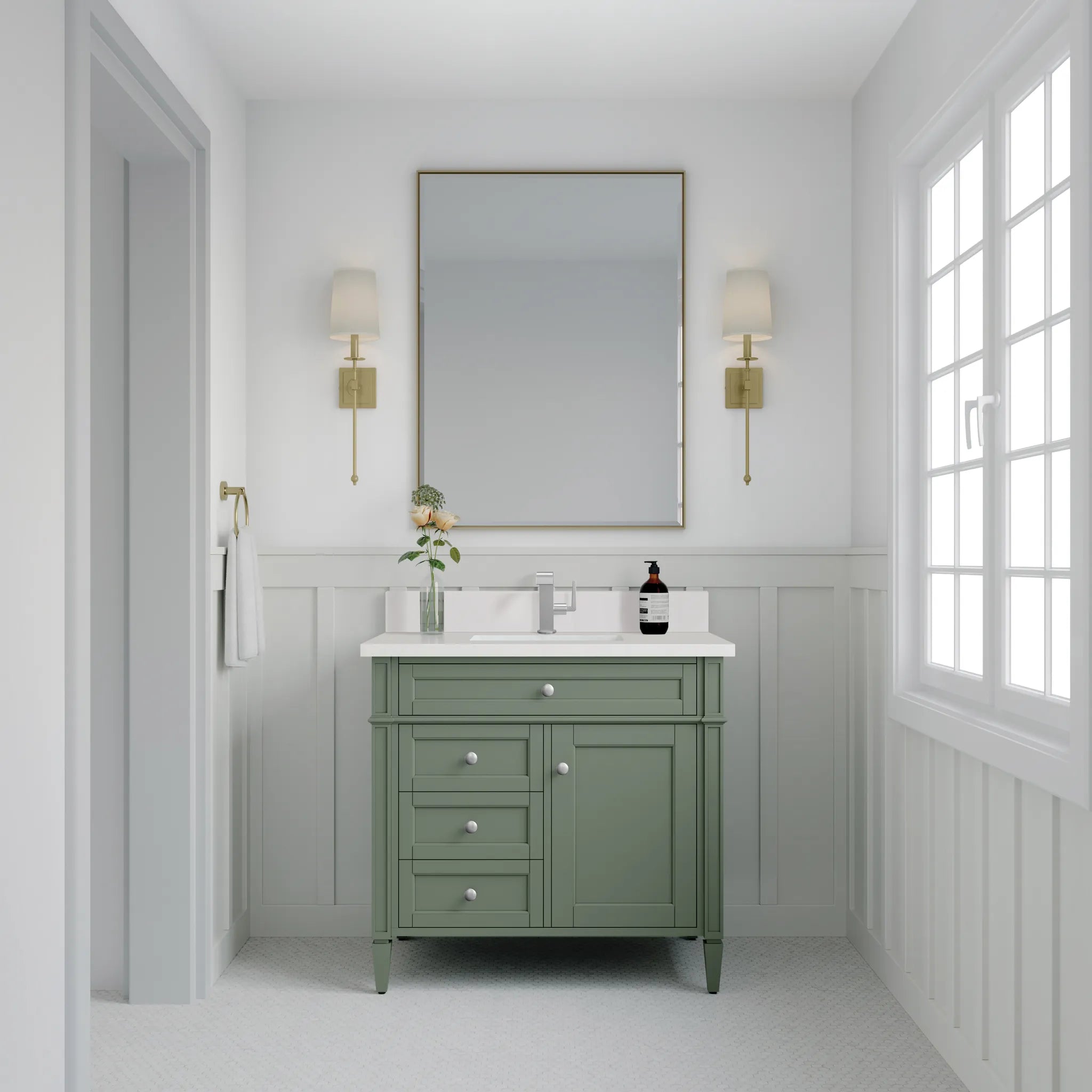 36" Brittany Single Vanity in Smokey Celadon-White Zeus Silestone & Backsplash-Single Hole image 1