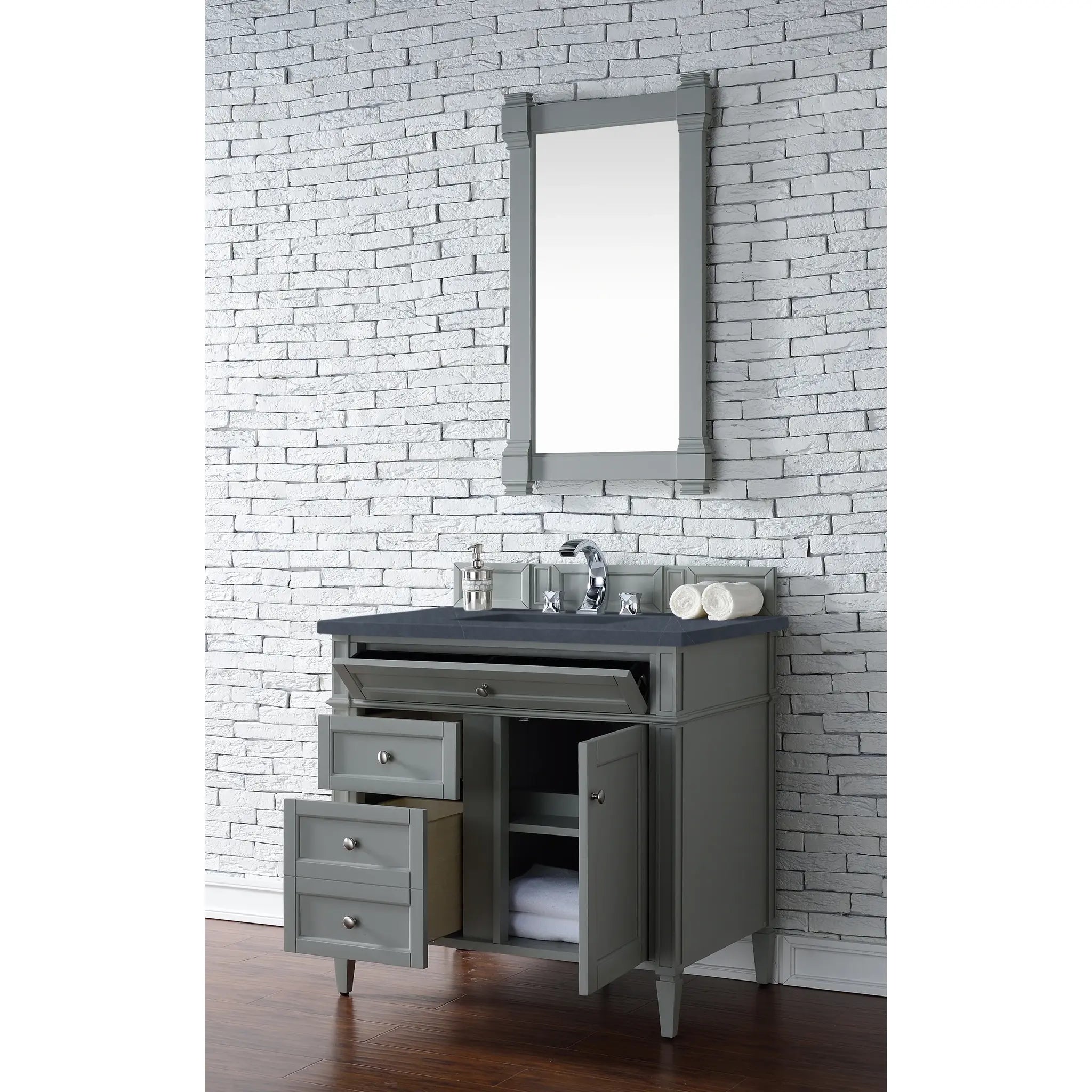 36" Brittany Single Vanity in Urban Gray-Charcoal Soapstone Silestone-8" Widespread image 3