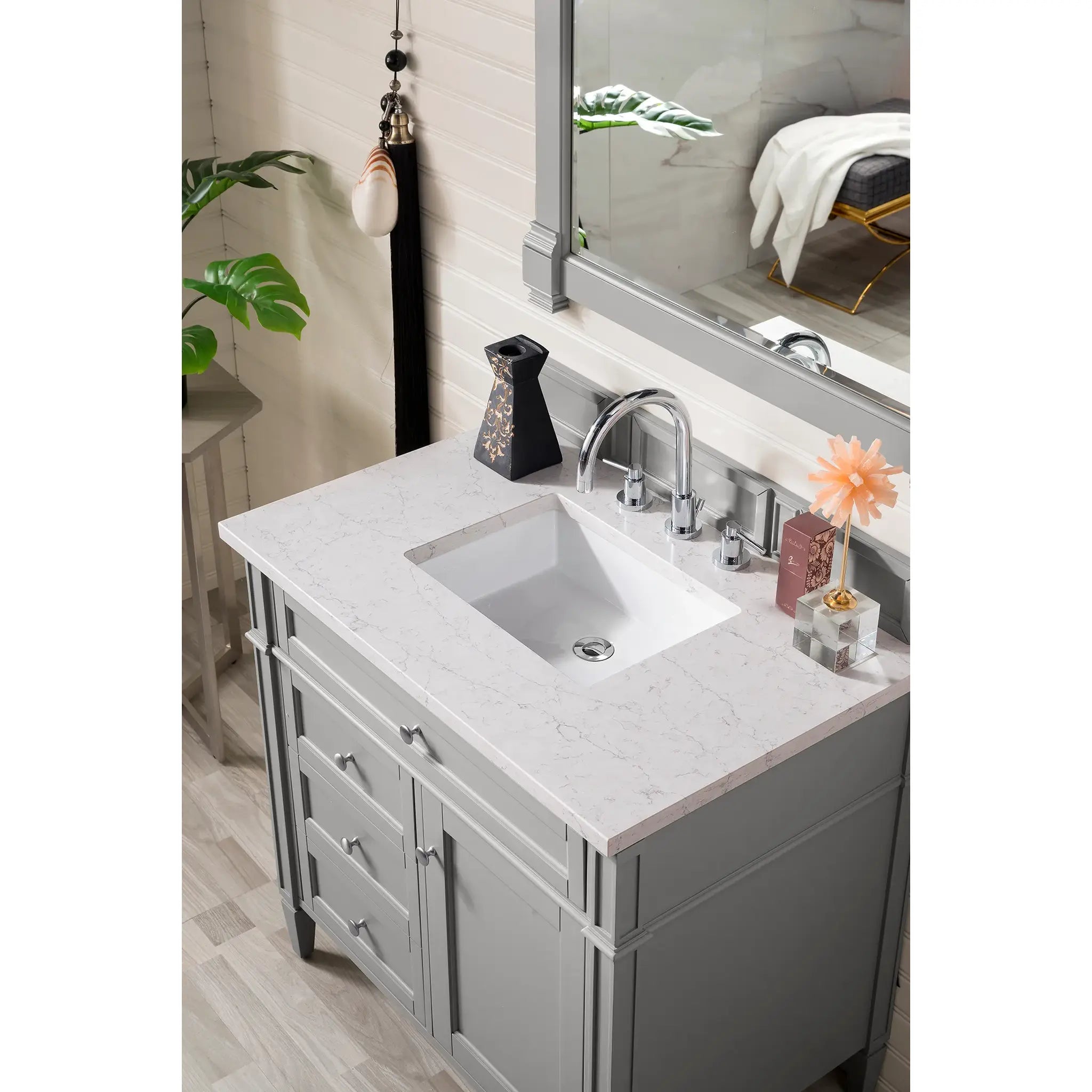 36" Brittany Single Vanity in Urban Gray-Eternal Jasmine Pearl Silestone-8" Widespread image 2