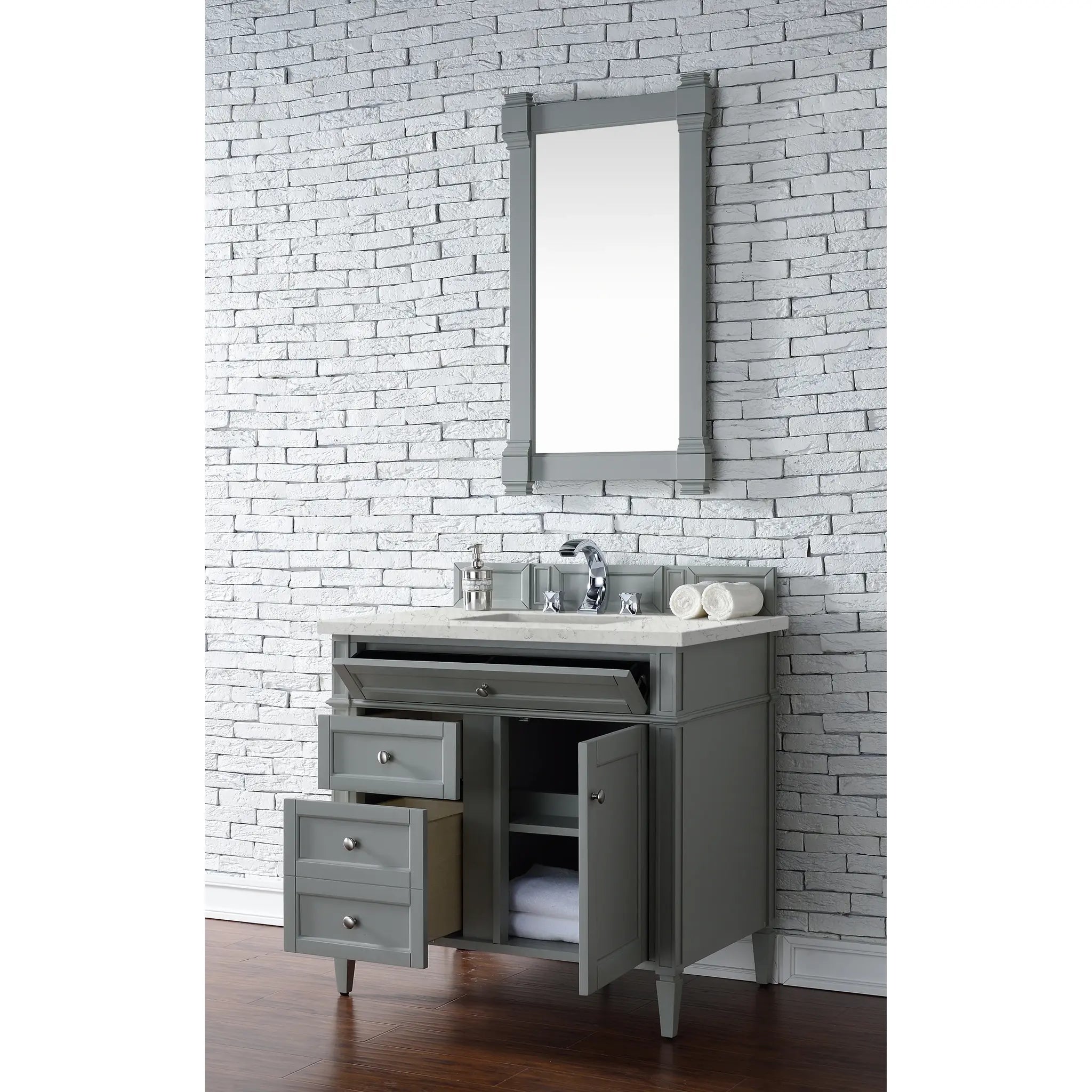 36" Brittany Single Vanity in Urban Gray-Eternal Jasmine Pearl Silestone-8" Widespread image 3