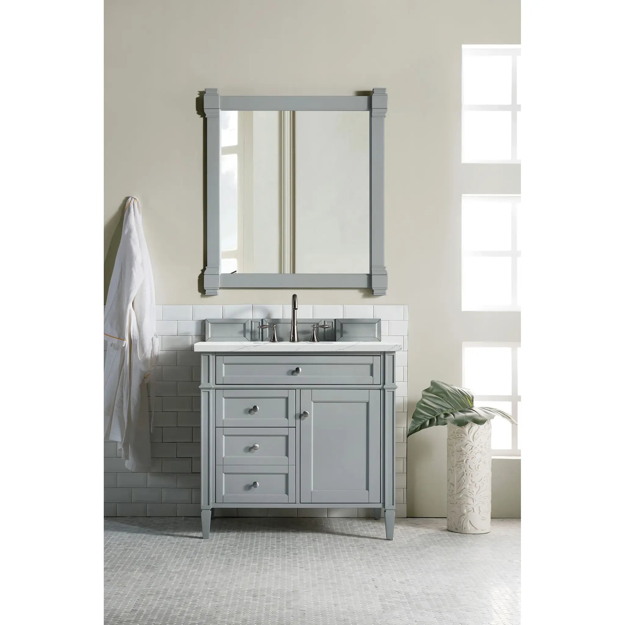 36" Brittany Single Vanity in Urban Gray-Ethereal Noctis Silestone-8" Widespread image 1