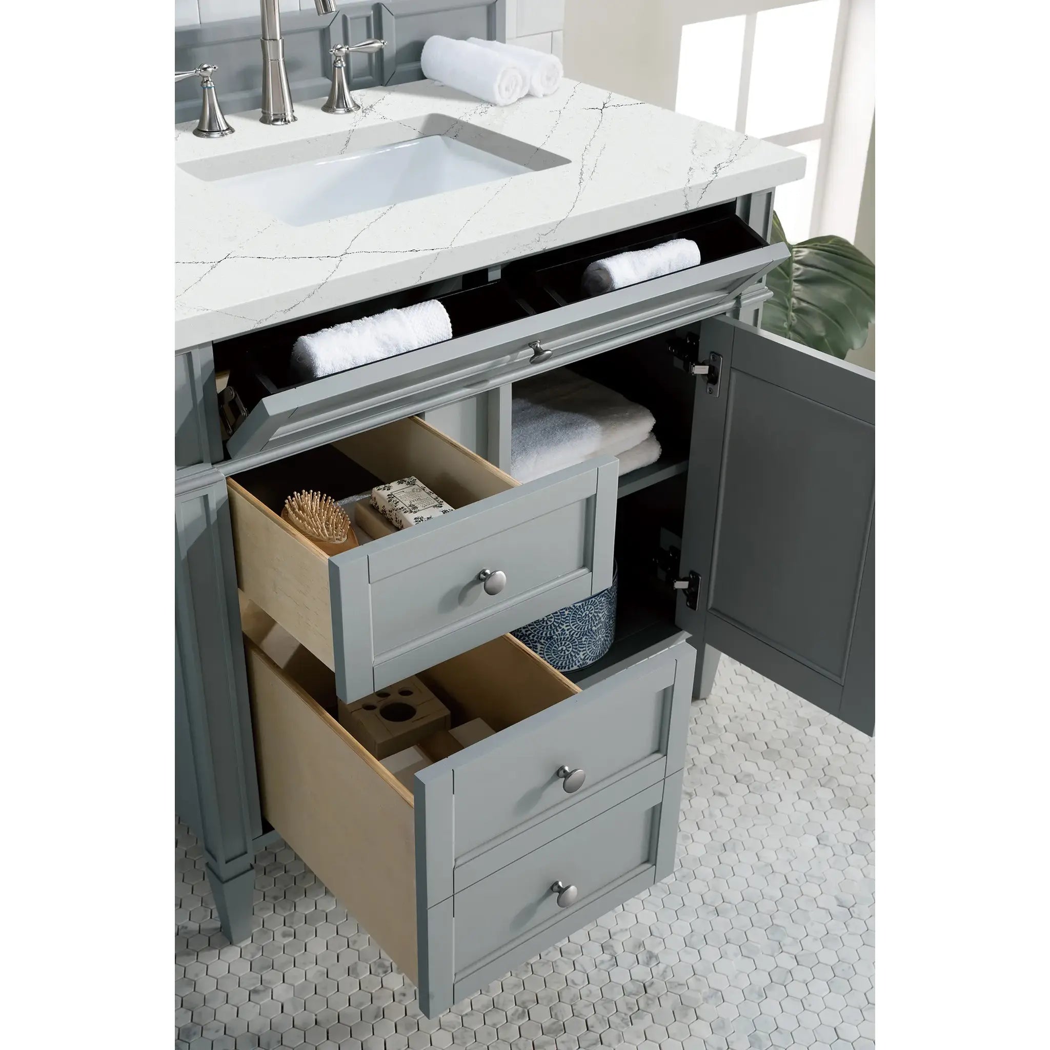 36" Brittany Single Vanity in Urban Gray-Ethereal Noctis Silestone-8" Widespread image 3