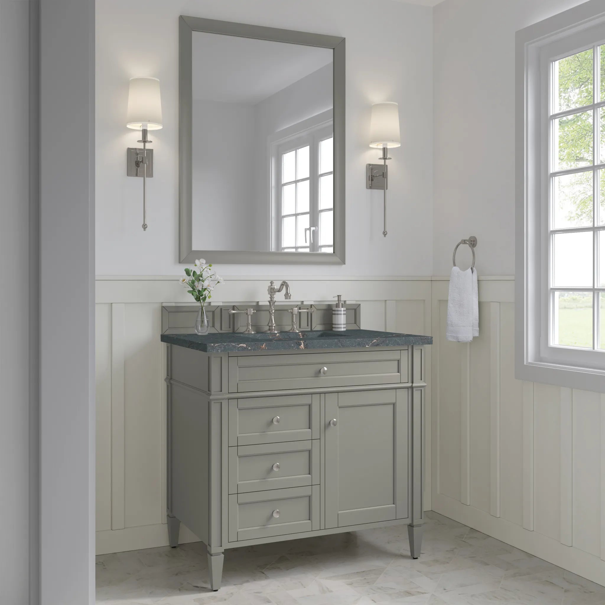 36" Brittany Single Vanity in Urban Gray-Parisien Bleu Silestone-8" Widespread image 2