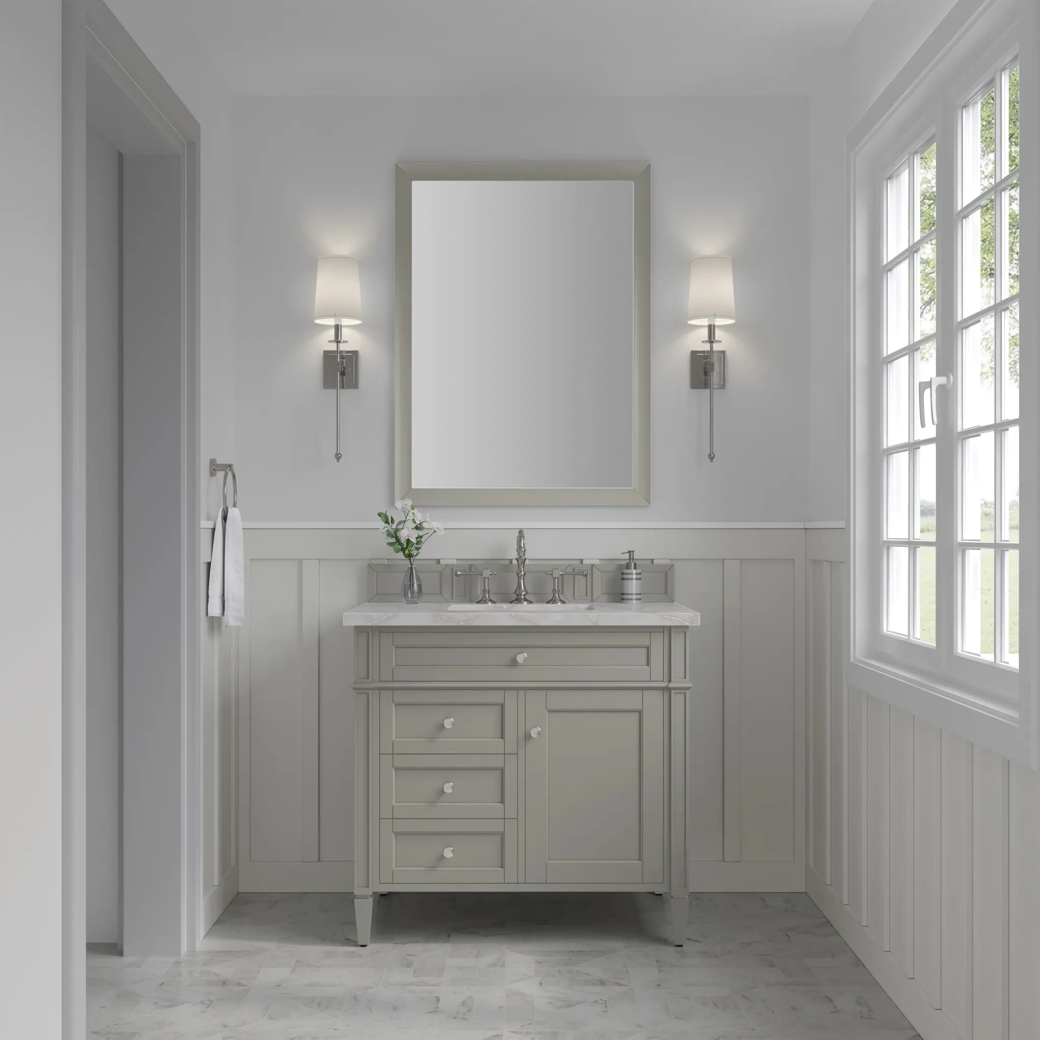 36" Brittany Single Vanity in Urban Gray-Victorian Silver Silestone-8" Widespread image 1