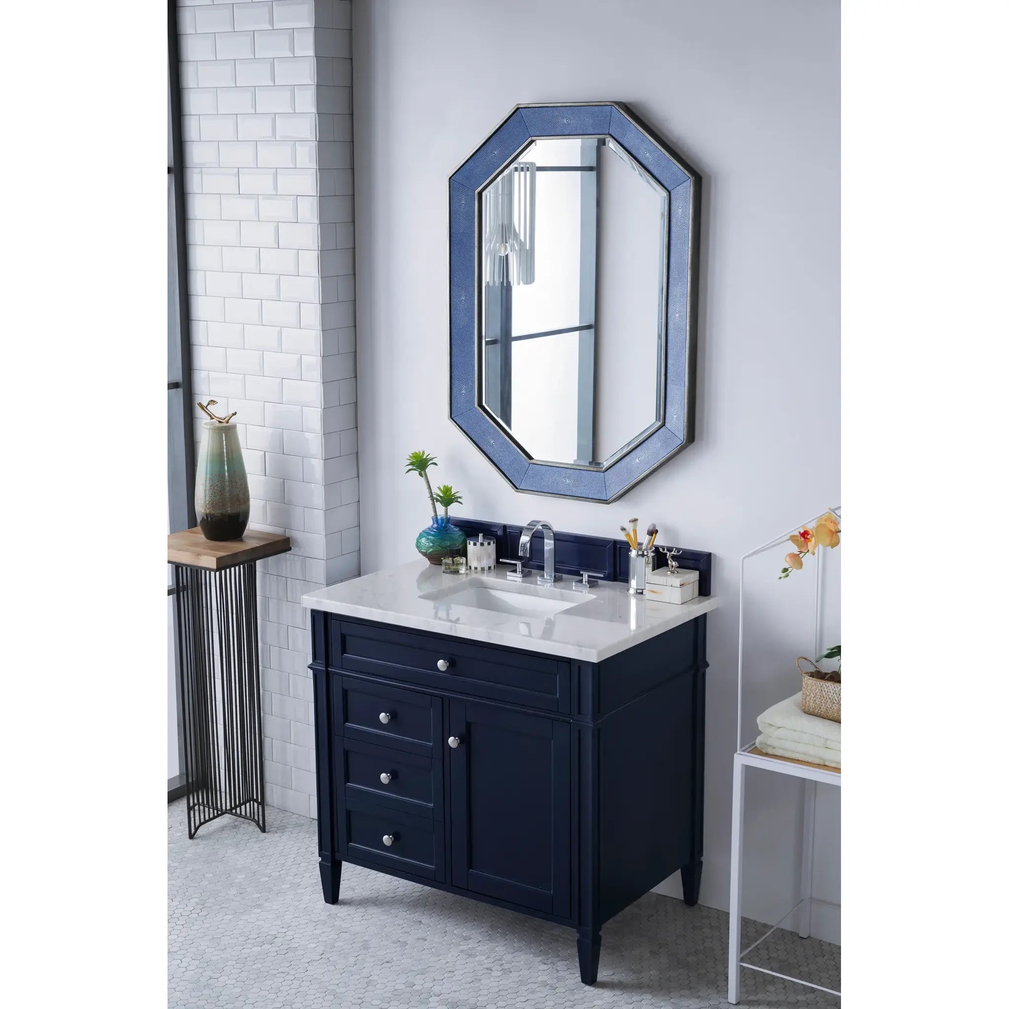 36" Brittany Single Vanity in Victory Blue-Carrara White Marble-8" Widespread image 2