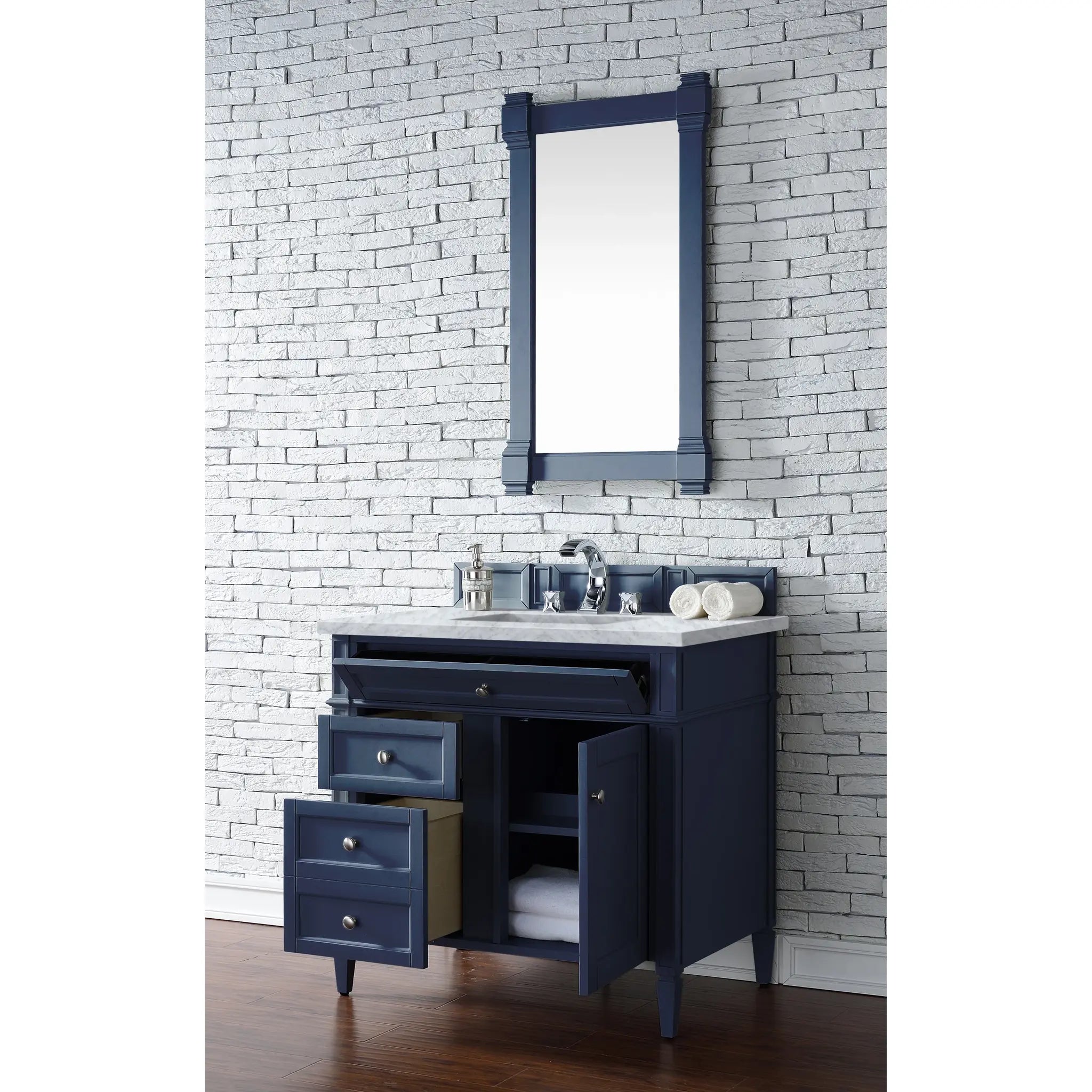 36" Brittany Single Vanity in Victory Blue-Carrara White Marble-8" Widespread image 3
