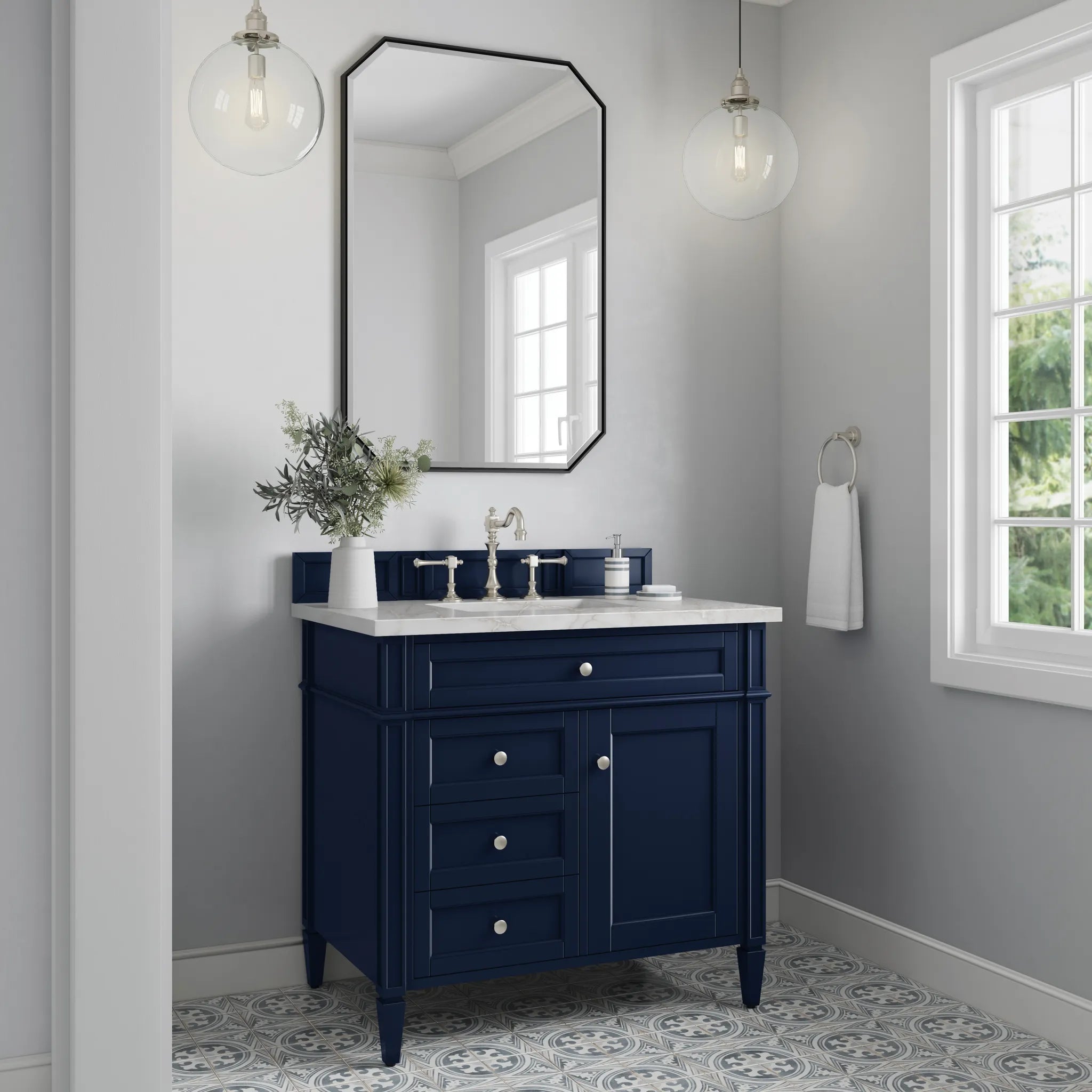 36" Brittany Single Vanity in Victory Blue-Victorian Silver Silestone-8" Widespread image 2