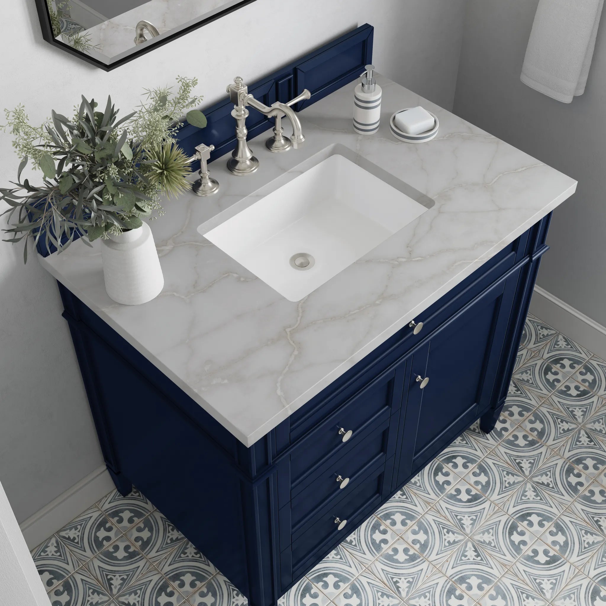 36" Brittany Single Vanity in Victory Blue-Victorian Silver Silestone-8" Widespread image 4