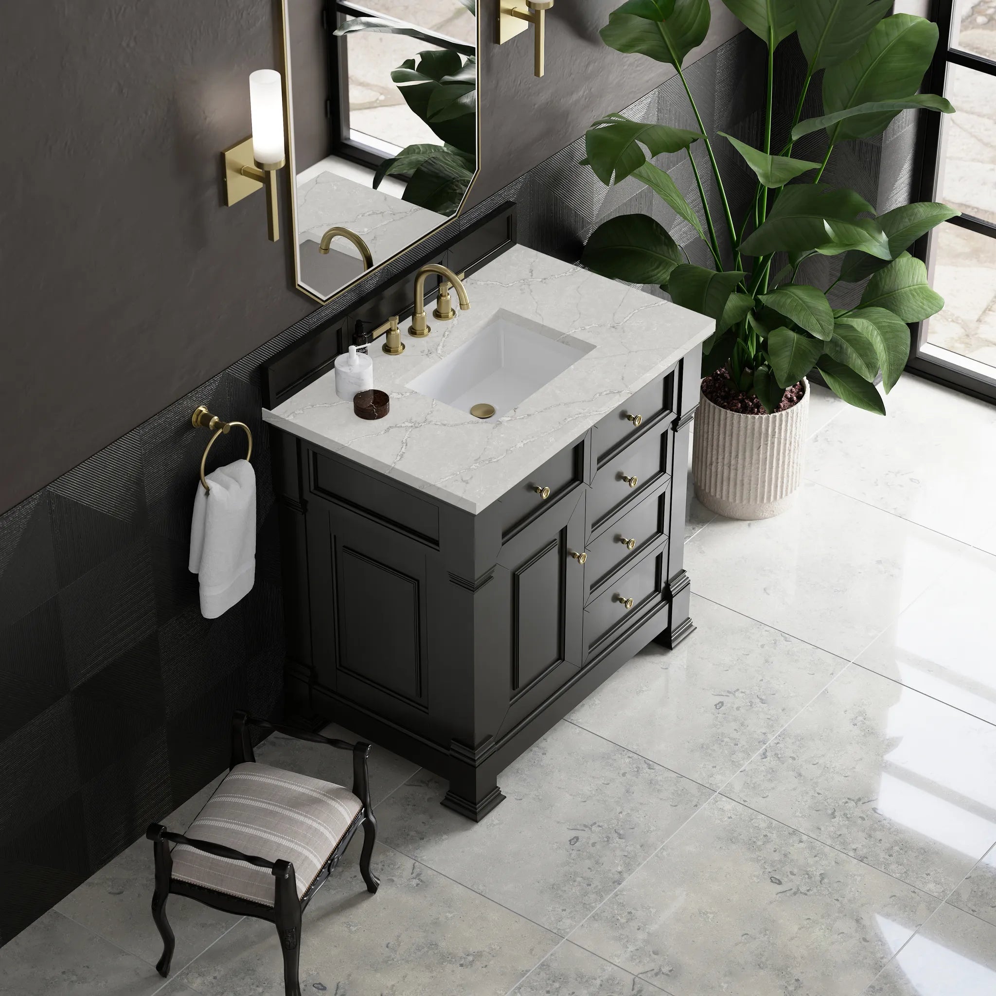 36" Brookfield Single Vanity in Black Onyx-Victorian Silver Silestone-8" Widespread image 6