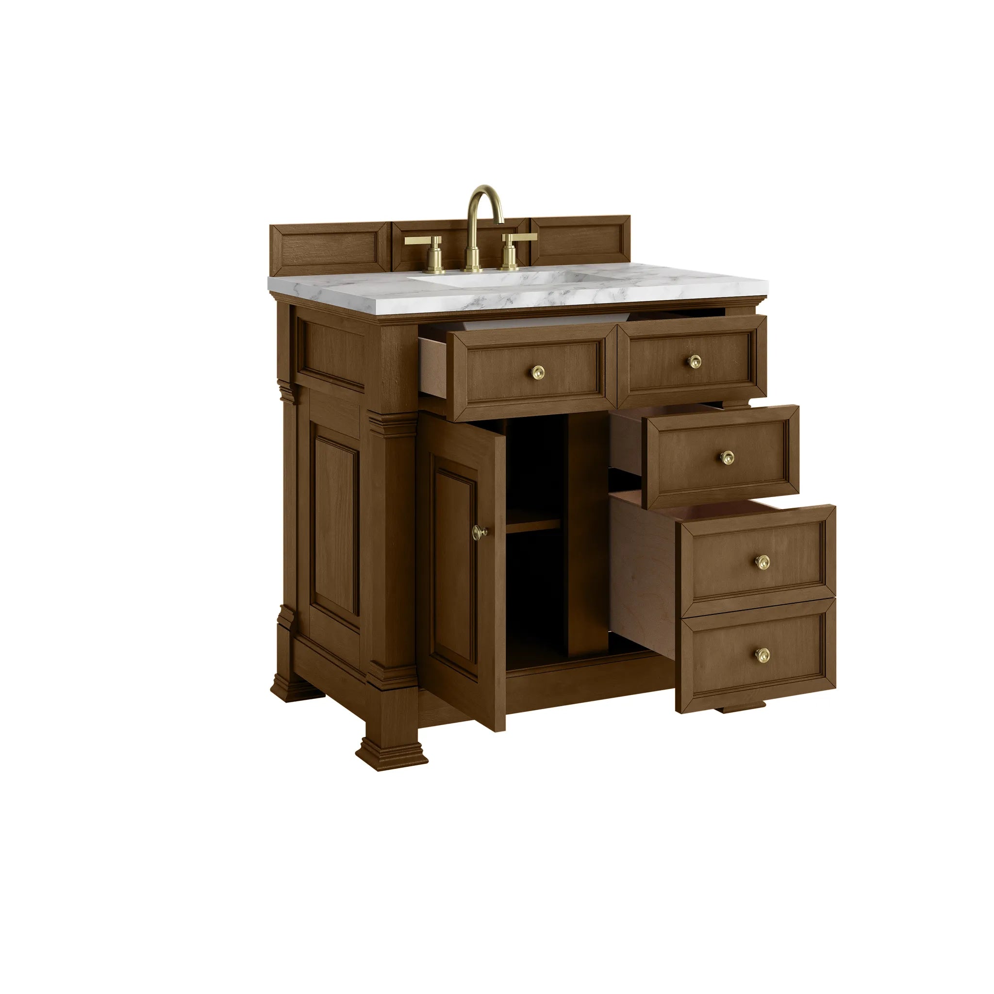 36" Brookfield Single Vanity in Honey Oak-Carrara White Marble-8" Widespread image 7