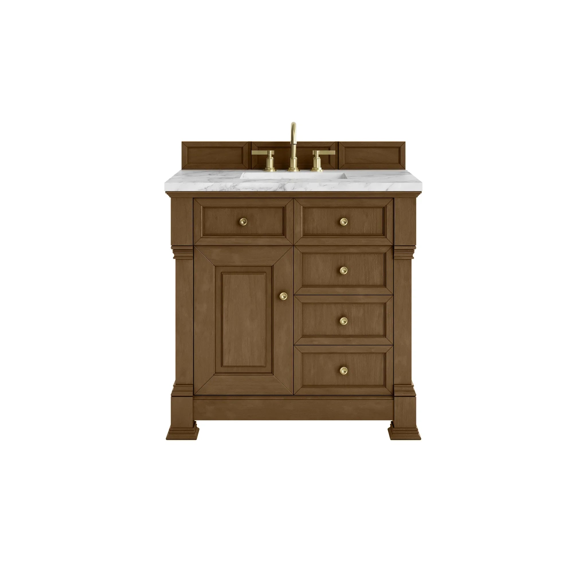 36" Brookfield Single Vanity in Honey Oak-Carrara White Marble-8" Widespread image