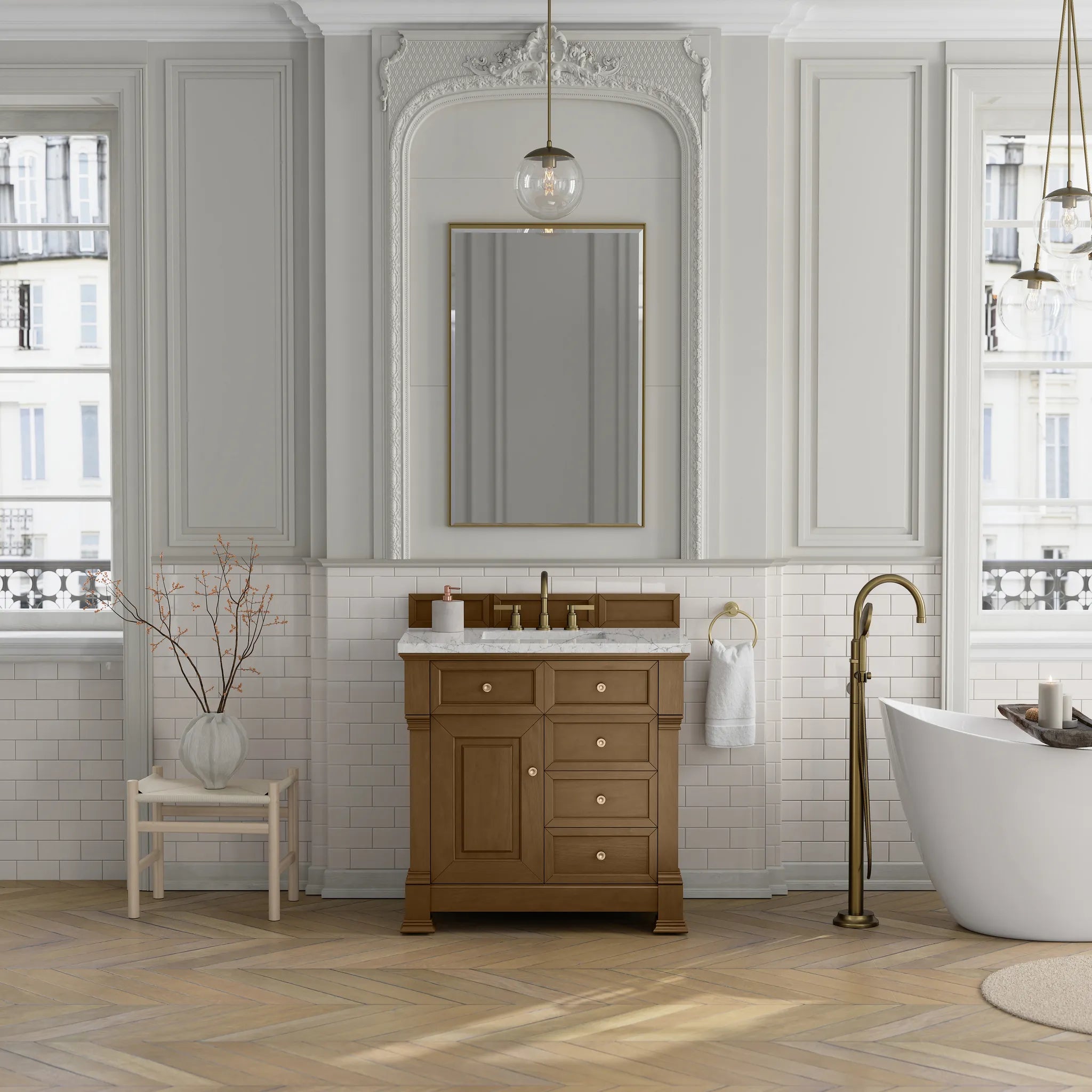 36" Brookfield Single Vanity in Honey Oak-Eternal Jasmine Pearl Silestone-8" Widespread image 2